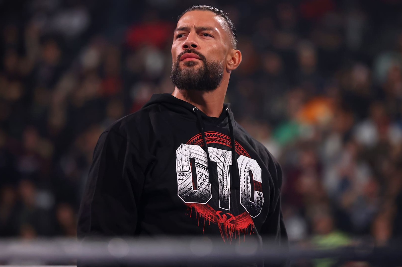 NEW YORK, NEW YORK - NOVEMBER 1: Roman Reigns looks on from the ring during WWE SmackDown at Barclays Center on November 1, 2024 in New York City.  (Photo by WWE/Getty Images)