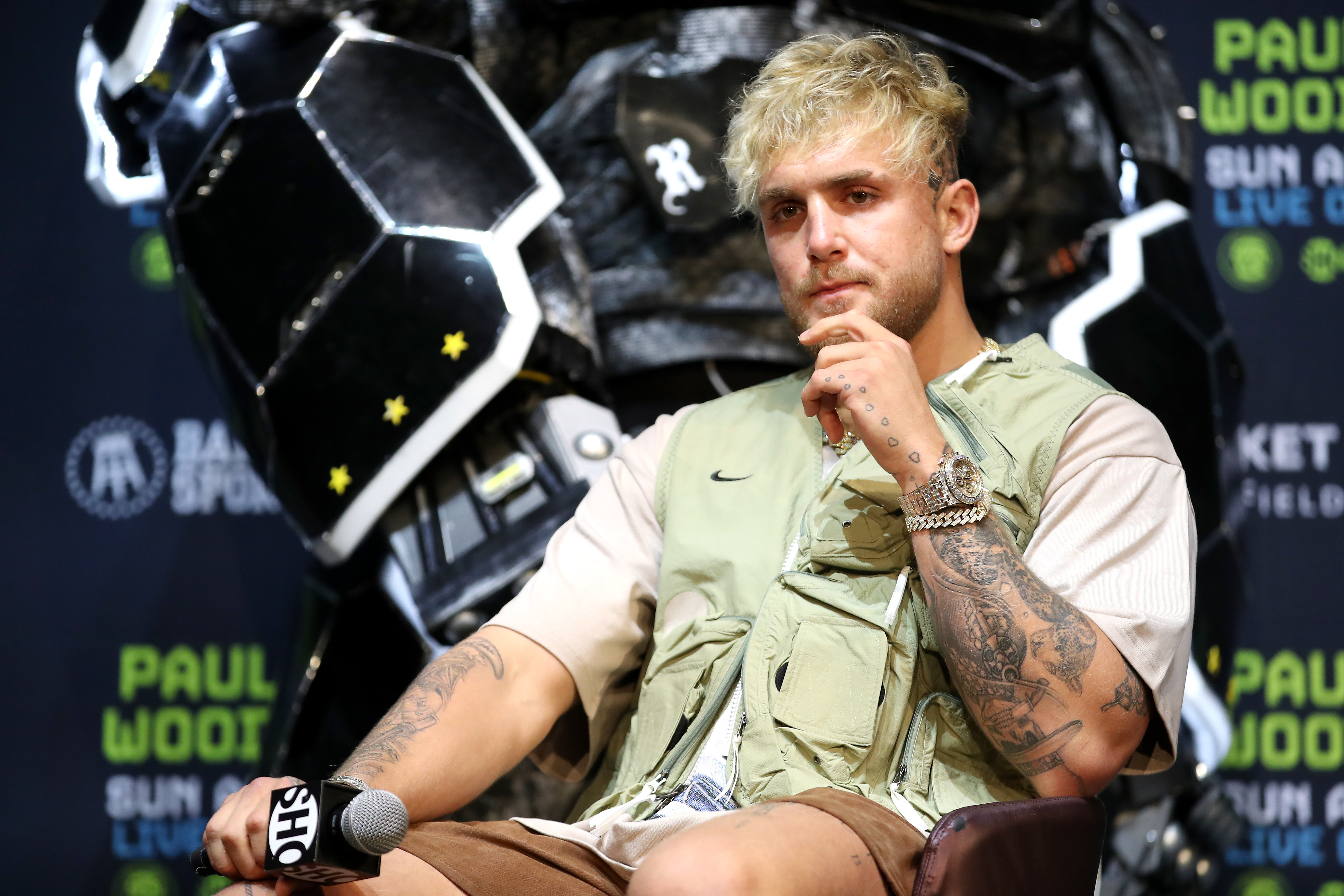 LOS ANGELES, CALIFORNIA - JULY 13: Jake Paul looks on during a press conference before his cruiserweight fight against Tyron Woodley at The Novo by Microsoft at L.A. Live on July 13, 2021 in Los Angeles, California. (Photo by Katelyn Mulcahy/Getty Images)