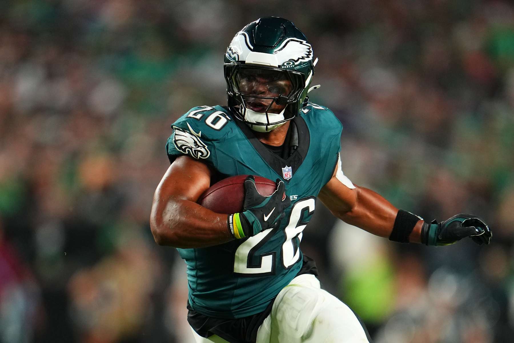 PHILADELPHIA, PA - SEPTEMBER 16: Saquon Barkley #26 of the Philadelphia Eagles carries the ball against the Atlanta Falcons during a football game at Lincoln Financial Field on September 16, 2024 in Philadelphia, Pennsylvania. (Photo by Cooper Neill/Getty Images) PHILADELPHIA, PA - SEPTEMBER 16: Saquon Barkley #26 of the Philadelphia Eagles carries the ball against the Atlanta Falcons during a football game at Lincoln Financial Field on September 16, 2024 in Philadelphia, Pennsylvania. (Photo by Cooper Neill/Getty Images)