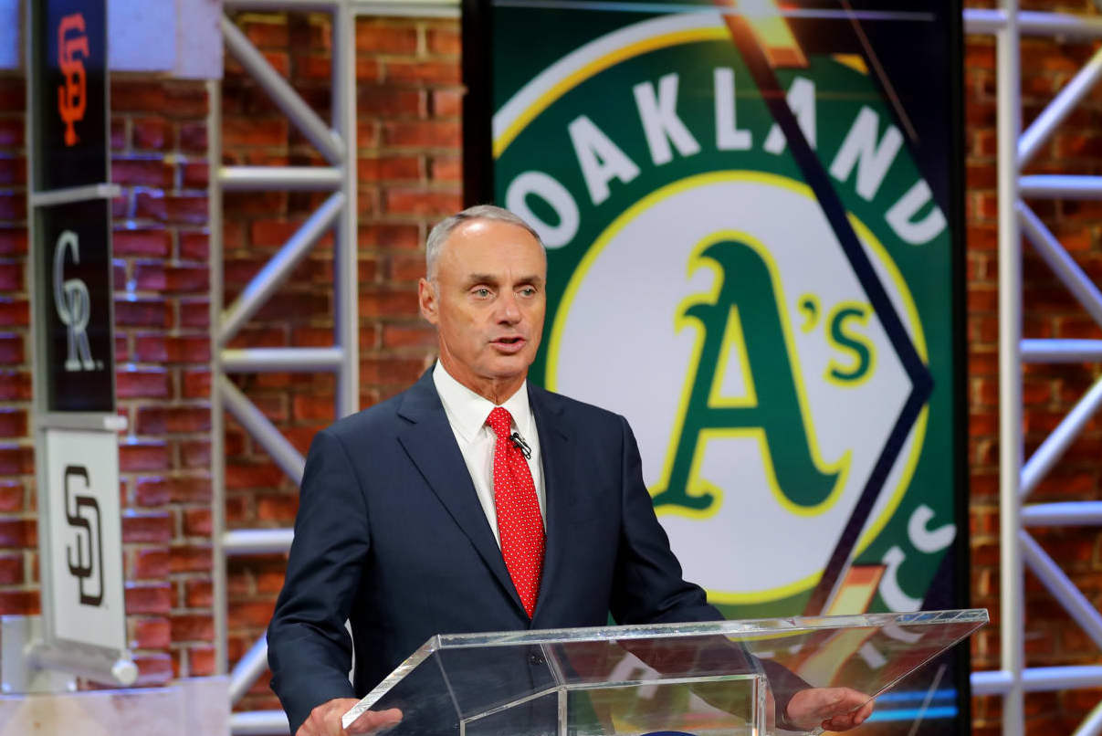 SECAUCUS, NJ - JUNE 10:  Major League Baseball Commissioner Robert D. Manfred Jr. announces the 26th pick of the 2020 MLB Draft is Tyler Soderstrom by the Oakland Athletics during the 2020 Major League Baseball Draft at MLB Network on Wednesday, June 10, 2020 in Secaucus, New Jersey. (Photo by Alex Trautwig/MLB Photos via Getty Images)