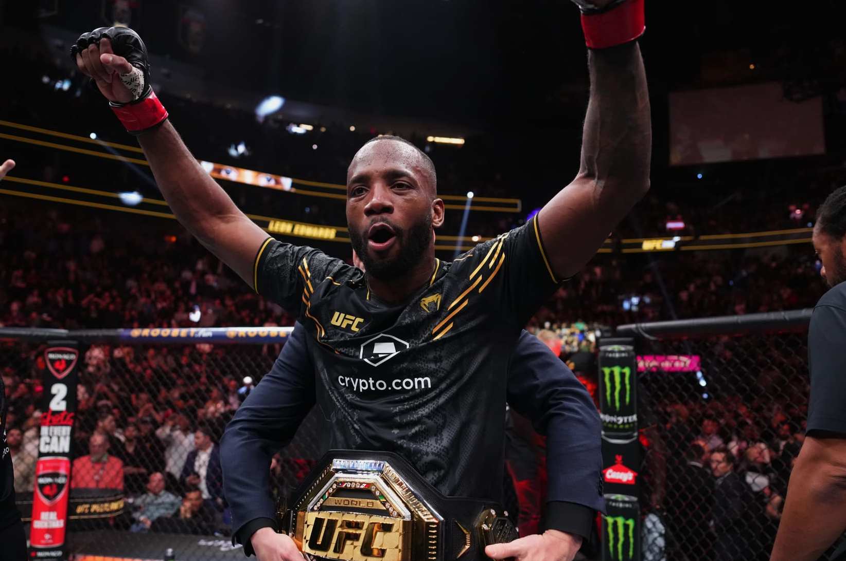 LAS VEGAS, NEVADA - DECEMBER 16: Leon Edwards of Jamaica reacts to his win over Colby Covington in the UFC welterweight championship fight during the UFC 296 event at T-Mobile Arena on December 16, 2023 in Las Vegas, Nevada. (Photo by Jeff Bottari/Zuffa LLC via Getty Images)