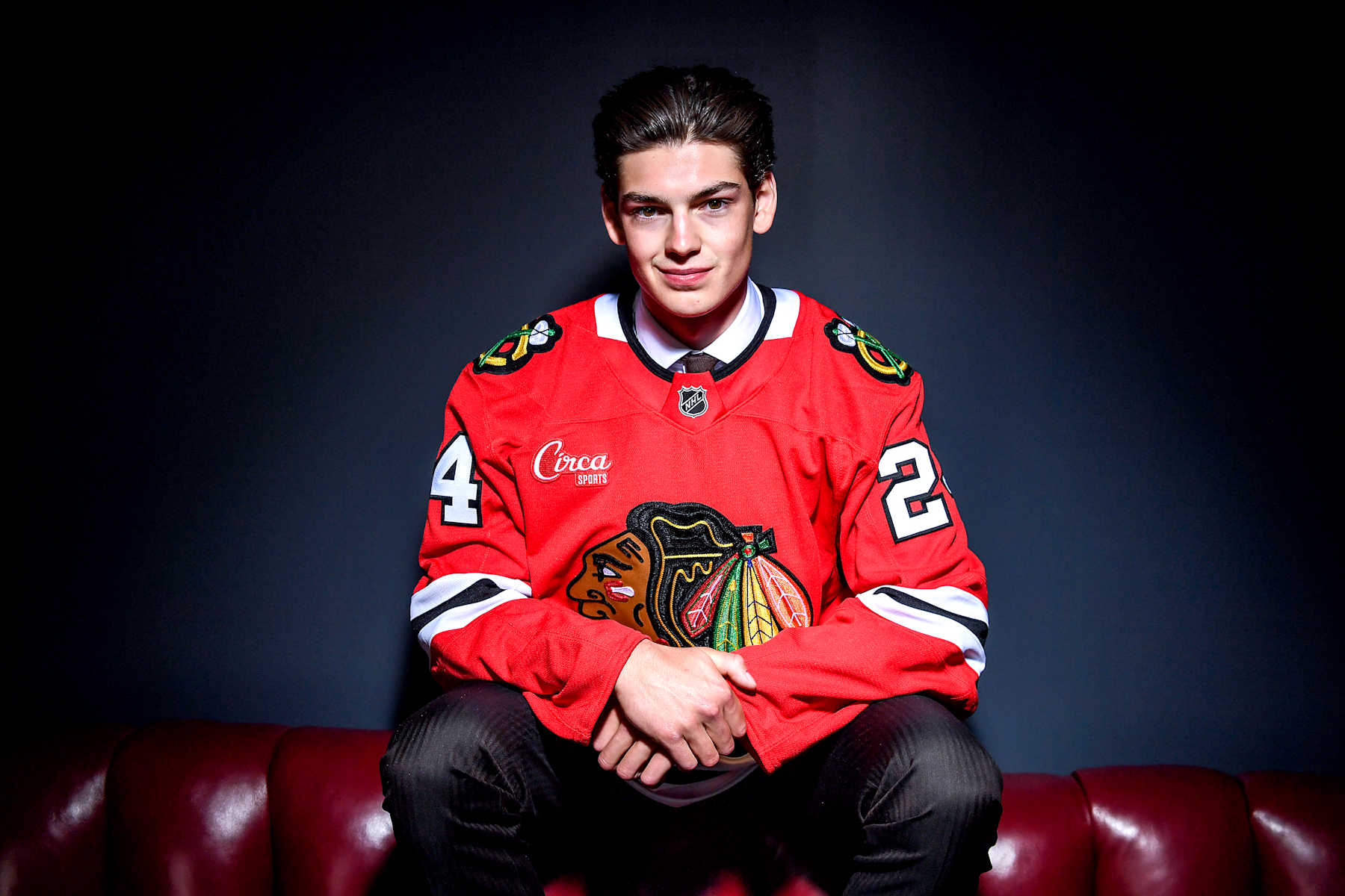 LAS VEGAS, NEVADA - JUNE 28: Sacha Boisvert poses for a portrait after being drafted by the Chicago Blackhawks with the 18th overall pick during the 2024 Upper Deck NHL Draft at Sphere on June 28, 2024 in Las Vegas, Nevada. (Photo by Candice Ward/Getty Images)