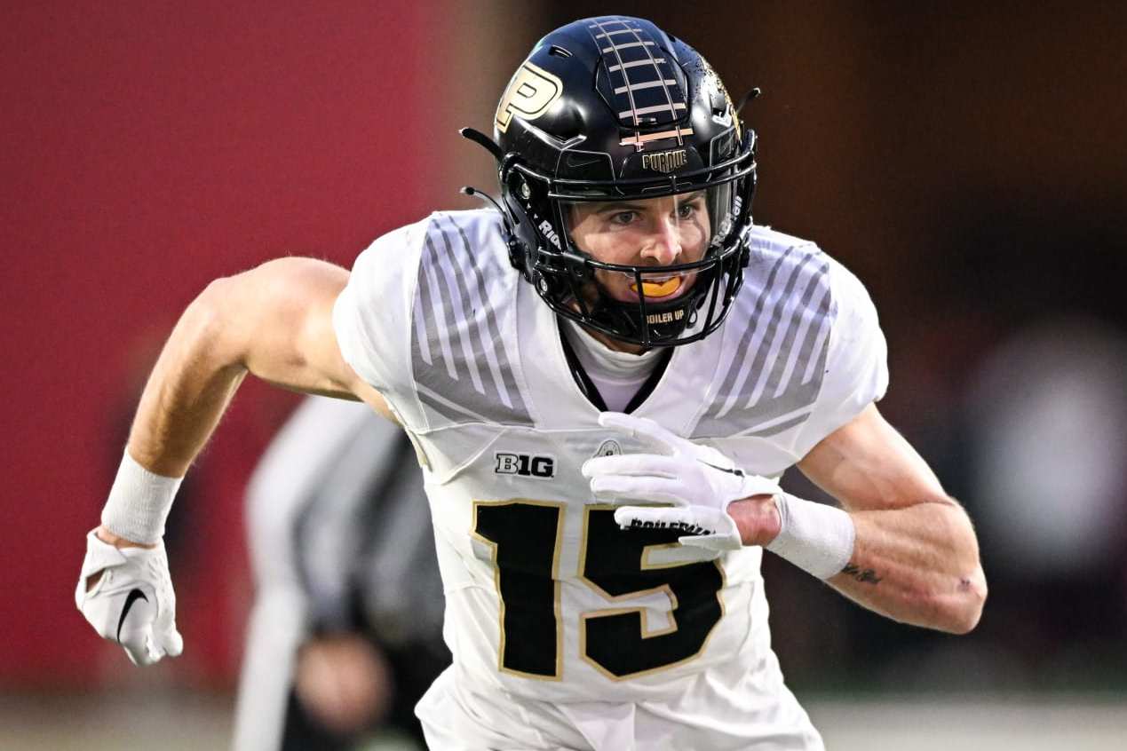 BLOOMINGTON, IN - NOVEMBER 26: Purdue WR Charlie Jones (15) during a college football game between the Purdue Boilermakers and Indiana Hoosiers on November 26, 2022 at Memorial Stadium in Indianapolis, Indiana. (Photo by James Black/Icon Sportswire via Getty Images)