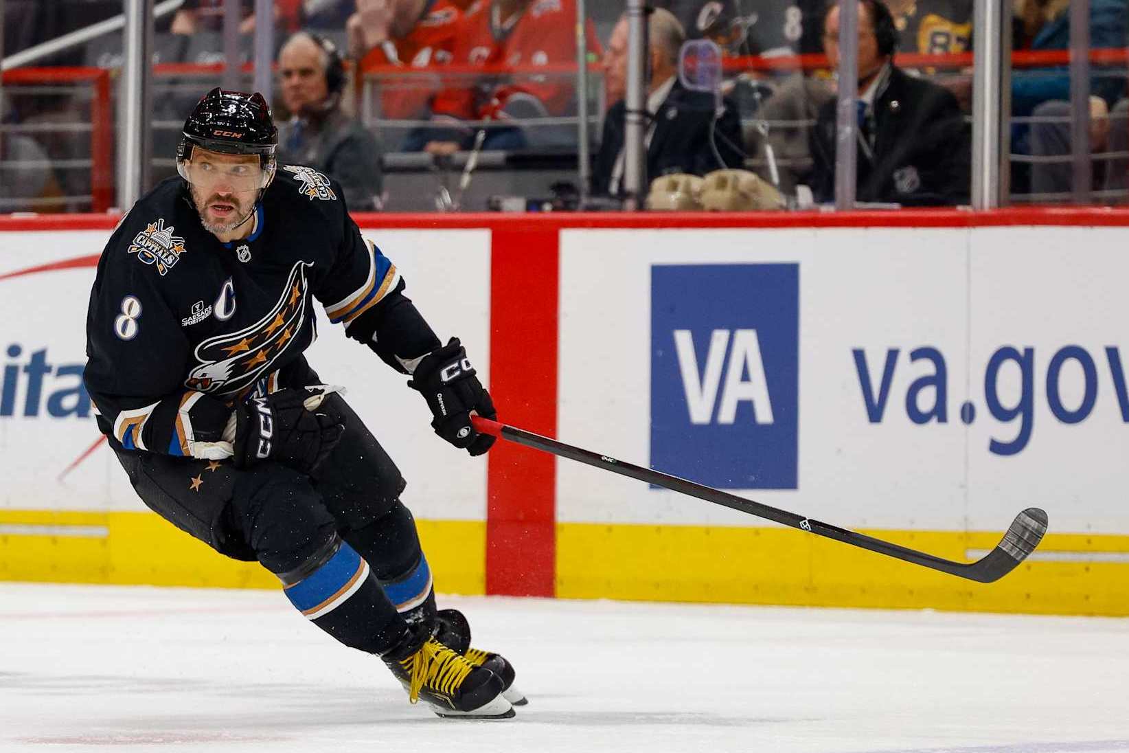 WASHINGTON, DC - JANUARY 18: Alex Ovechkin #8 of the Washington Capitals skates towards the puck carrier during a game against the Pittsburgh Penguins at Capital One Arena on January 18, 2025 in Washington, D.C. (Photo by John McCreary/NHLI via Getty Images)