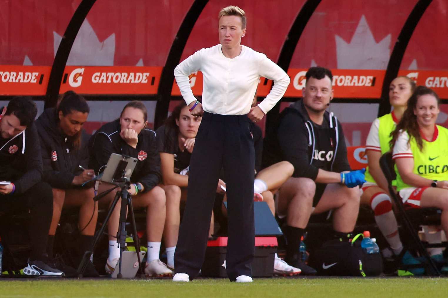 TORONTO, ON - JUNE 04:  Bev Priestman Head Coach of Canada looks on during an International Friendly match against Mexico at BMO Field on June 4, 2024 in Toronto, Ontario, Canada.  (Photo by Vaughn Ridley/Getty Images)