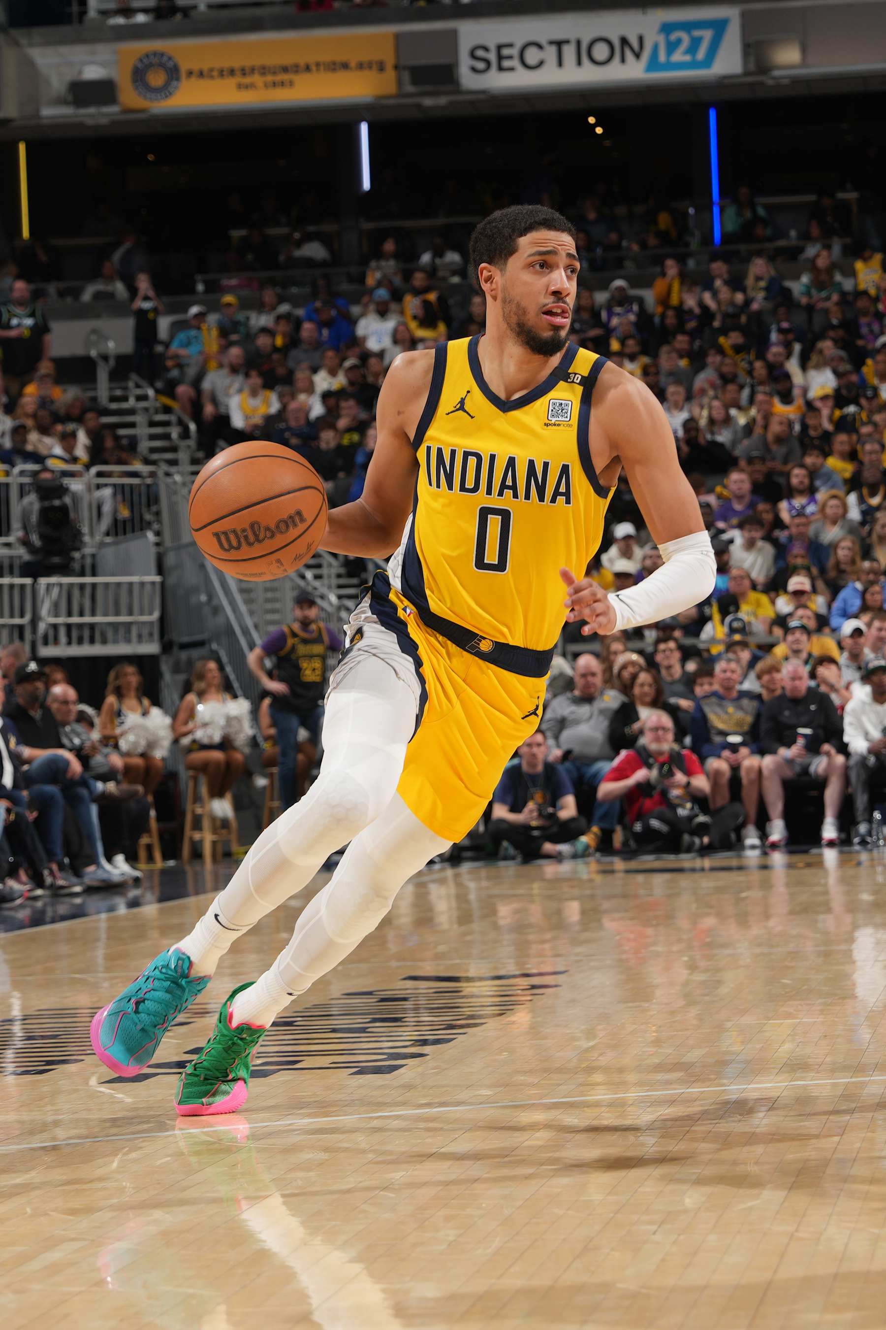 INDIANAPOLIS, IN - MARCH 29: Tyrese Haliburton #0 of the Indiana Pacers dribbles the ball during the game against the Los Angeles Lakers on March 24, 2024 at Gainbridge Fieldhouse in Indianapolis, Indiana. NOTE TO USER: User expressly acknowledges and agrees that, by downloading and or using this Photograph, user is consenting to the terms and conditions of the Getty Images License Agreement. Mandatory Copyright Notice: Copyright 2024 NBAE (Photo by Jesse D. Garrabrant /NBAE via Getty Images)