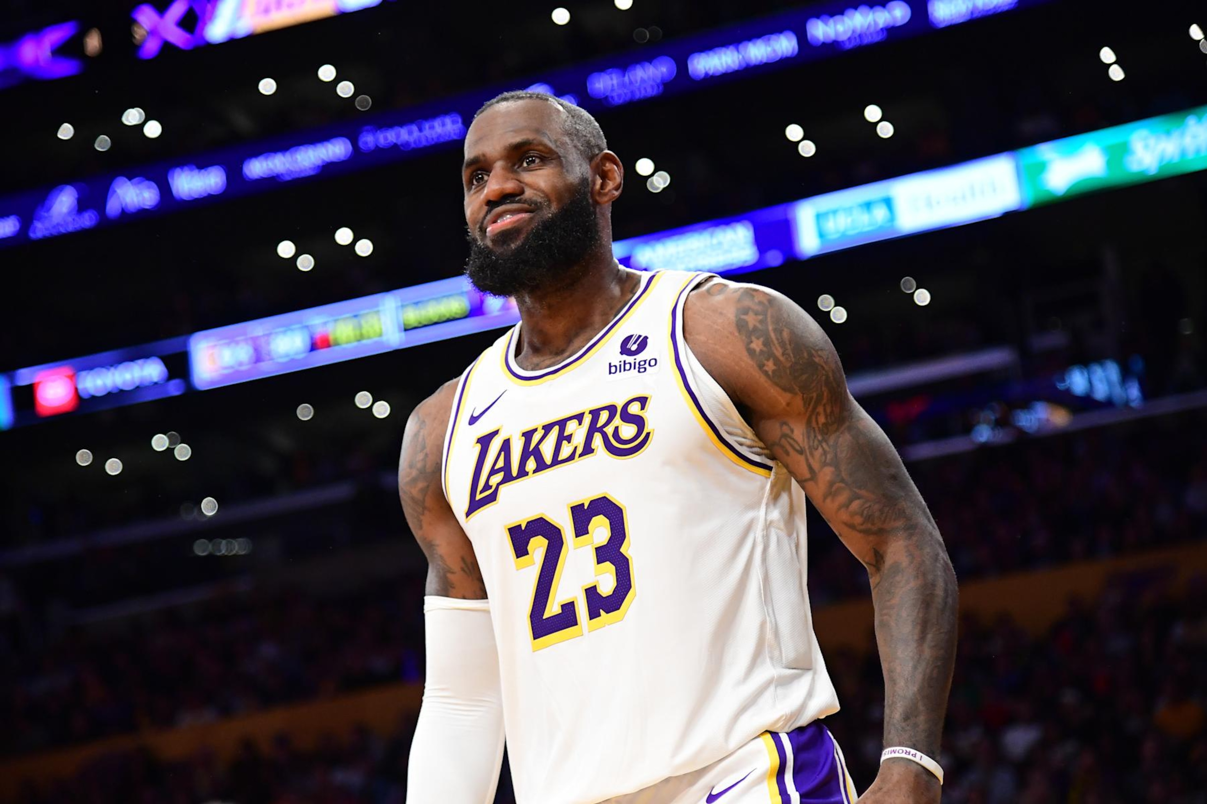 LOS ANGELES, CA - APRIL 27: LeBron James #23 of the Los Angeles Lakers smiles during the game against the Denver Nuggets during Round 1 Game 4 of the 2024 NBA Playoffs on April 27, 2024 at Crypto.Com Arena in Los Angeles, California. NOTE TO USER: User expressly acknowledges and agrees that, by downloading and/or using this Photograph, user is consenting to the terms and conditions of the Getty Images License Agreement. Mandatory Copyright Notice: Copyright 2024 NBAE (Photo by Adam Pantozzi/NBAE via Getty Images)