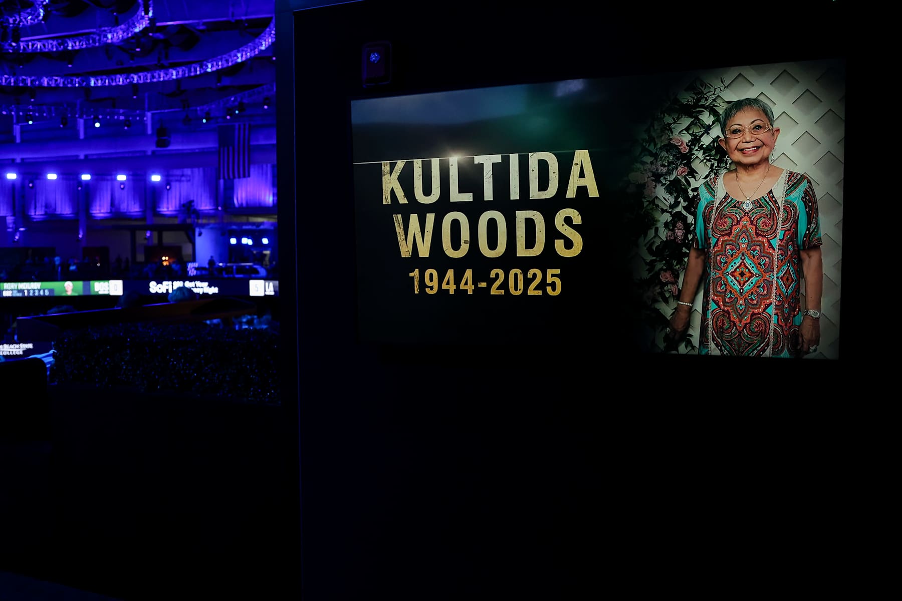PALM BEACH GARDENS, FLORIDA - FEBRUARY 04: A display in memoriam of Kultida Woods, mother of Tiger Woods, who passed early Tuesday, during a TGL presented by SoFi match between Boston Common Golf and Los Angeles Golf Club at SoFi Center on February 04, 2025 in Palm Beach Gardens, Florida. (Photo by Megan Briggs/TGL/TGL via Getty Images)