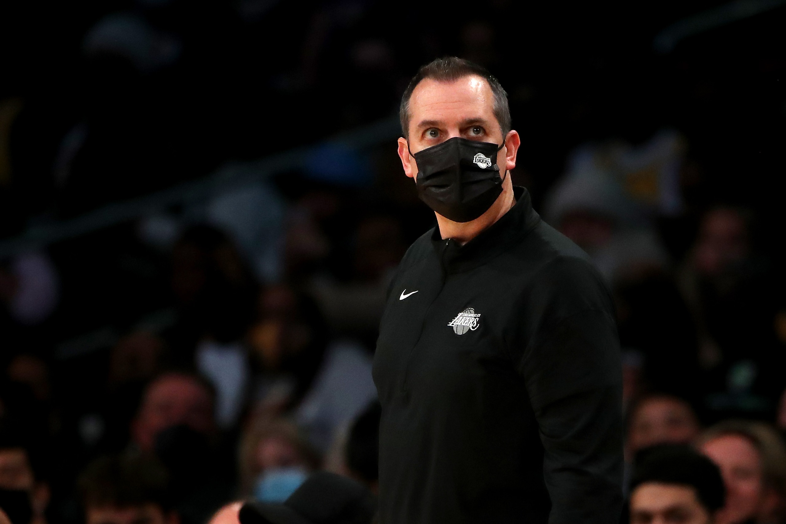 LOS ANGELES, CALIFORNIA - DECEMBER 31: Head coach Frank Vogel of the Los Angeles Lakers looks on during the second quarter against the Portland Trail Blazers at Crypto.com Arena on December 31, 2021 in Los Angeles, California. NOTE TO USER: User expressly acknowledges and agrees that, by downloading and or using this photograph, User is consenting to the terms and conditions of the Getty Images License Agreement. (Photo by Katelyn Mulcahy/Getty Images)