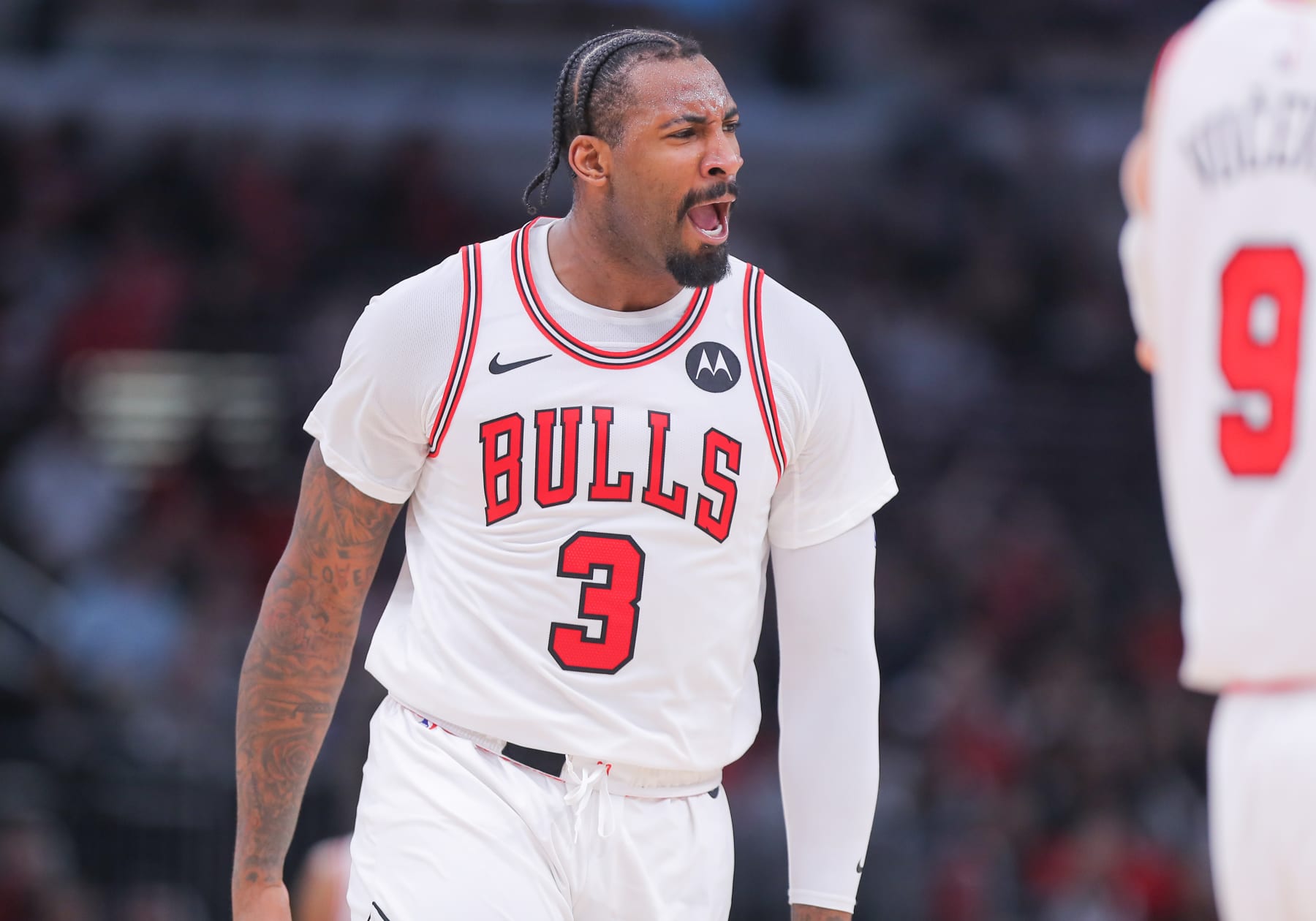 CHICAGO, IL - FEBRUARY 06: Andre Drummond #3 of the Chicago Bulls reacts after a play during overtime against the Minnesota Timberwolves at the United Center on February 6, 2024 in Chicago, Illinois. (Photo by Melissa Tamez/Icon Sportswire via Getty Images)