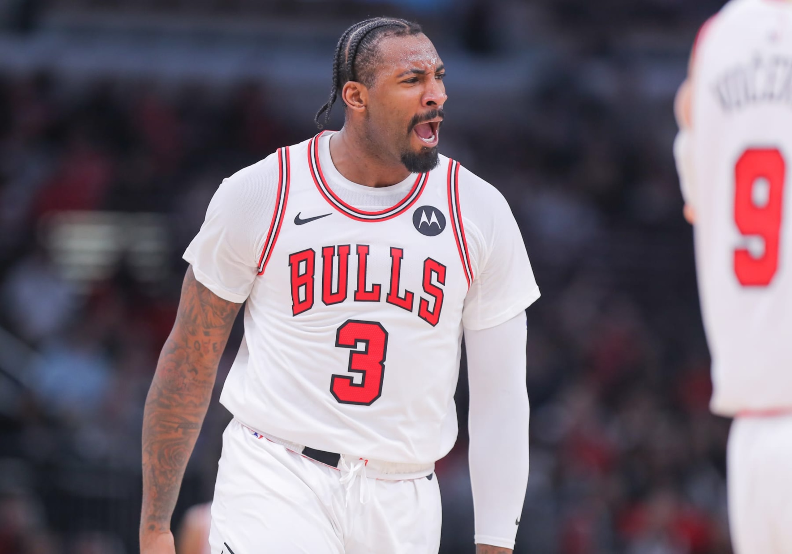 CHICAGO, IL - FEBRUARY 06: Andre Drummond #3 of the Chicago Bulls reacts after a play during overtime against the Minnesota Timberwolves at the United Center on February 6, 2024 in Chicago, Illinois. (Photo by Melissa Tamez/Icon Sportswire via Getty Images)