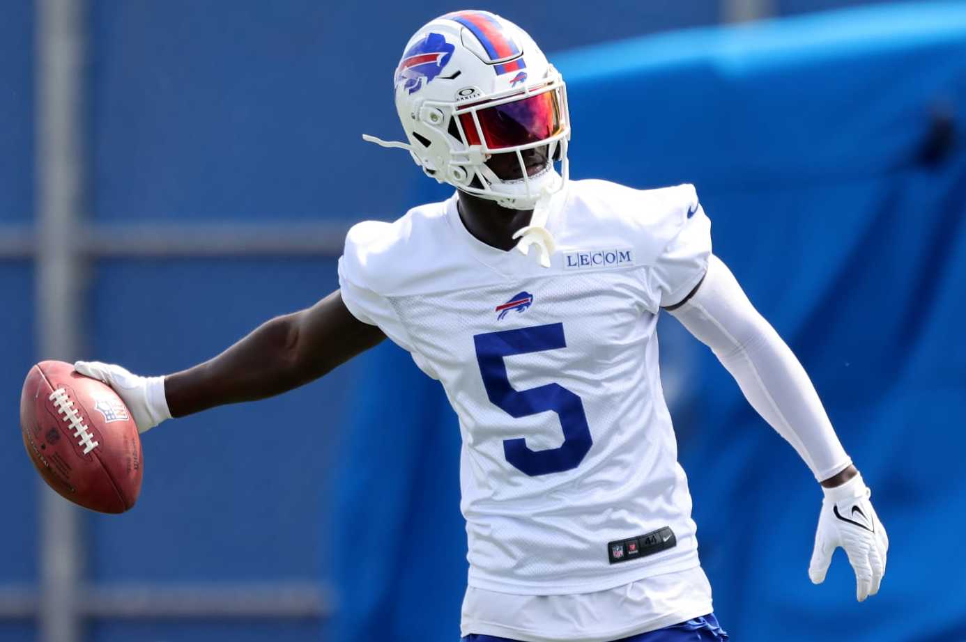ORCHARD PARK, NEW YORK - JUNE 13: Kaiir Elam #5 of the Buffalo Bills participates during Buffalo Bills mandatory mini camp on June 13, 2024 in Orchard Park, New York. (Photo by Bryan Bennett/Getty Images)