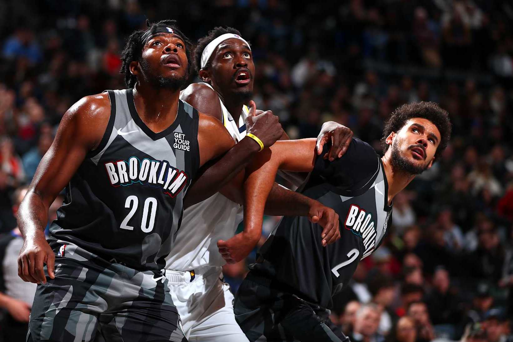 BROOKLYN, NY - DECEMBER 4: Day'Ron Sharpe #20 and Cameron Johnson #2 of the Brooklyn Nets box out during the game against the Indiana Pacers on December 4, 2024 at Barclays Center in Brooklyn, New York. NOTE TO USER: User expressly acknowledges and agrees that, by downloading and or using this Photograph, user is consenting to the terms and conditions of the Getty Images License Agreement. Mandatory Copyright Notice: Copyright 2024 NBAE (Photo by David L. Nemec/NBAE via Getty Images)