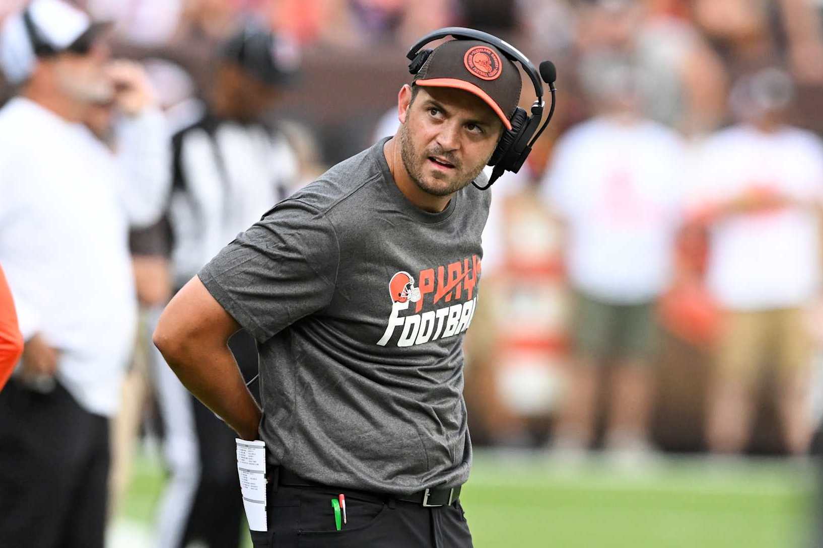 CLEVELAND, OHIO - AUGUST 17: Pass game specialist/tight ends coach Tommy Rees of the Cleveland Browns looks on prior to a preseason game against the Minnesota Vikings at Cleveland Browns Stadium on August 17, 2024 in Cleveland, Ohio. (Photo by Nick Cammett/Diamond Images via Getty Images)