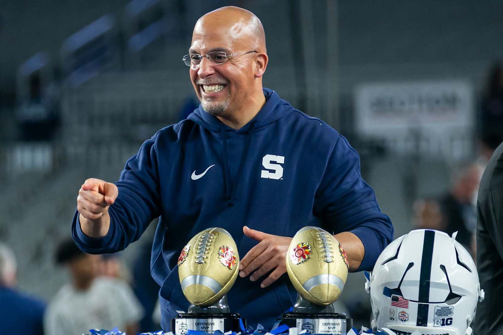 GLENDALE, AZ - DECEMBER 31: Penn State head coach James Franklin interacts with his team after the victory during the Vrbo Fiesta Bowl quarterfinal playoff game against the Boise State Broncos on Tuesday December 31, 2024 at State Farm Stadium in Glendale, AZ.  (Photo by Nick Tre. Smith/Icon Sportswire via Getty Images)