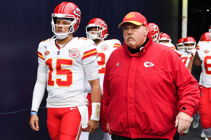 FOXBORO, MA - DECEMBER 17: Patrick Mahomes #15 and Andy Reid of the Kansas City Chiefs walk onto the field prior to the start of the game against the New England Patriots at Gillette Stadium on December 17, 2023 in Foxboro, Massachusetts. (Photo by Kathryn Riley/Getty Images)