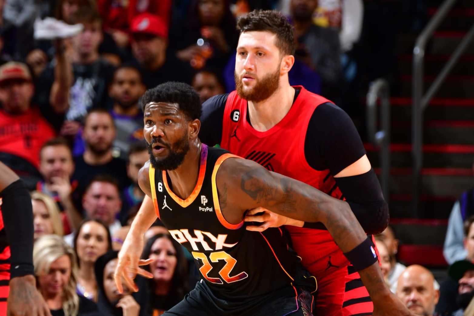 PHOENIX, AZ - NOVEMBER 4: Deandre Ayton #22 of the Phoenix Suns plays defense on Jusuf Nurkic #27 of the Portland Trail Blazers during the game on November 4, 2022 at Footprint Center in Phoenix, Arizona. NOTE TO USER: User expressly acknowledges and agrees that, by downloading and or using this photograph, user is consenting to the terms and conditions of the Getty Images License Agreement. Mandatory Copyright Notice: Copyright 2022 NBAE (Photo by Barry Gossage/NBAE via Getty Images) PHOENIX, AZ - NOVEMBER 4: Deandre Ayton #22 of the Phoenix Suns plays defense on Jusuf Nurkic #27 of the Portland Trail Blazers during the game on November 4, 2022 at Footprint Center in Phoenix, Arizona. NOTE TO USER: User expressly acknowledges and agrees that, by downloading and or using this photograph, user is consenting to the terms and conditions of the Getty Images License Agreement. Mandatory Copyright Notice: Copyright 2022 NBAE (Photo by Barry Gossage/NBAE via Getty Images)