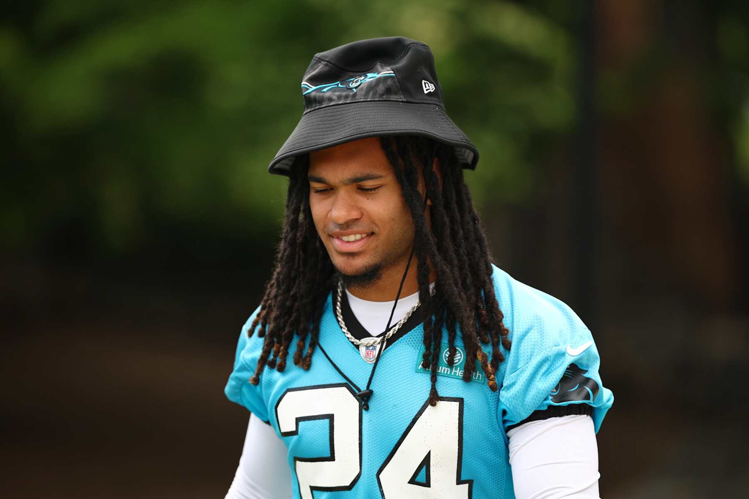 CHARLOTTE, NORTH CAROLINA - JUNE 04: Jonathon Brooks #24 of the Carolina Panthers attends Carolina Panthers OTA Offseason Workout on June 04, 2024 in Charlotte, North Carolina. (Photo by Jared C. Tilton/Getty Images)