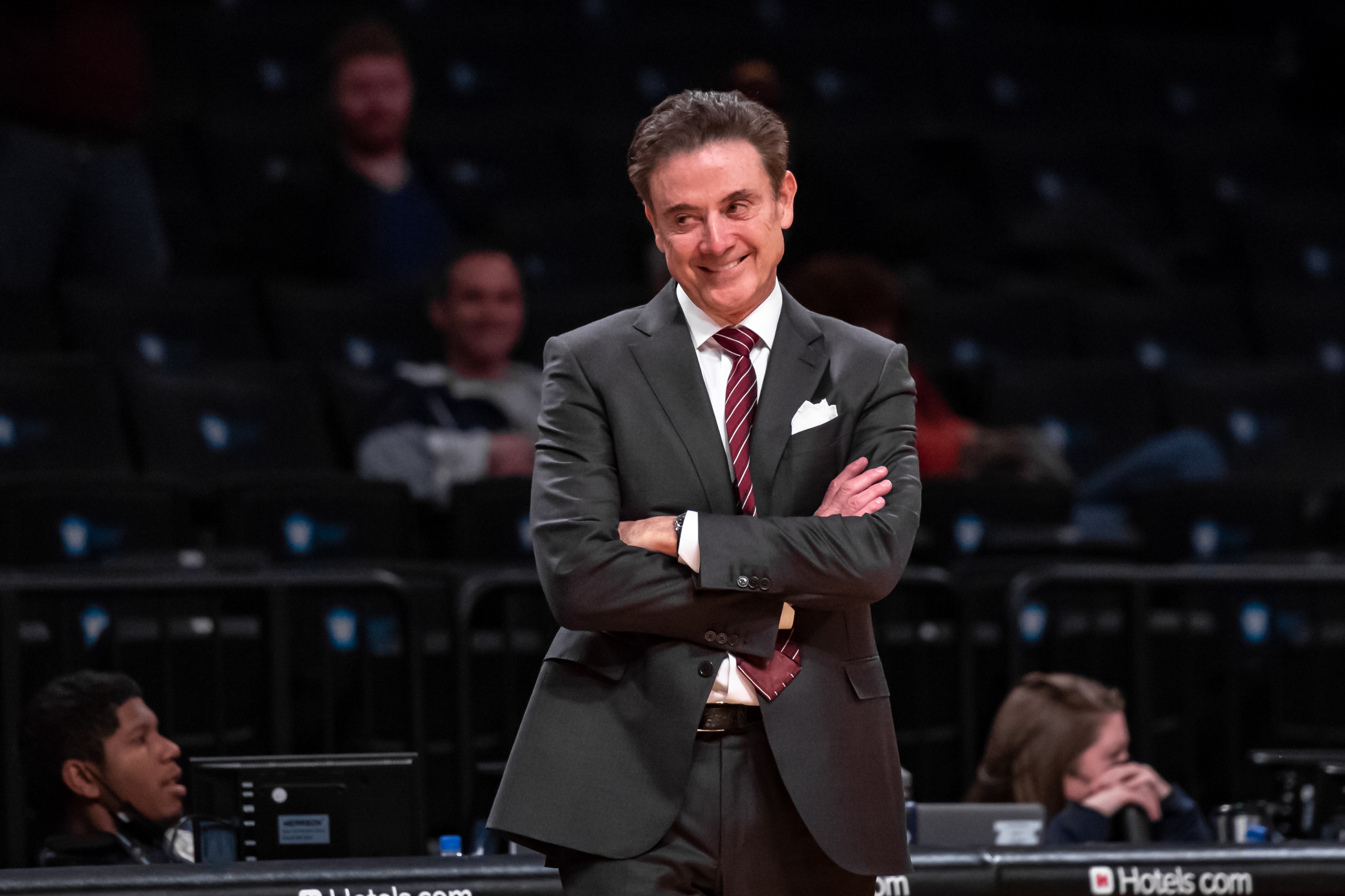 BROOKLYN, NY - DECEMBER 12: Iona Gaels head coach Rick Pitino lets out a rare smille during the second half of the Hall of Fame Invitational mens college basketball game between Iona and Yale on December 12, 2021 at Barclays Center in Brooklyn, NY (Photo by John Jones/Icon Sportswire via Getty Images) BROOKLYN, NY - DECEMBER 12: Iona Gaels head coach Rick Pitino lets out a rare smille during the second half of the Hall of Fame Invitational mens college basketball game between Iona and Yale on December 12, 2021 at Barclays Center in Brooklyn, NY (Photo by John Jones/Icon Sportswire via Getty Images)