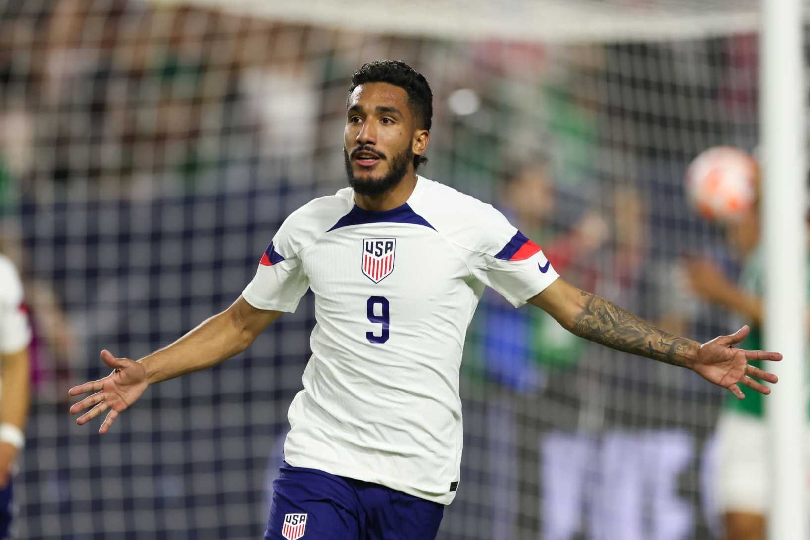 GLENDALE, AZ - APRIL 19: Jesus Ferreira #9 of the United States celebrates scoring against Mexico during the Allstate Continental Clasico at State Farm Stadium on April 19, 2023 in Glendale, Arizona. (Photo by John Dorton/USSF/Getty Images)