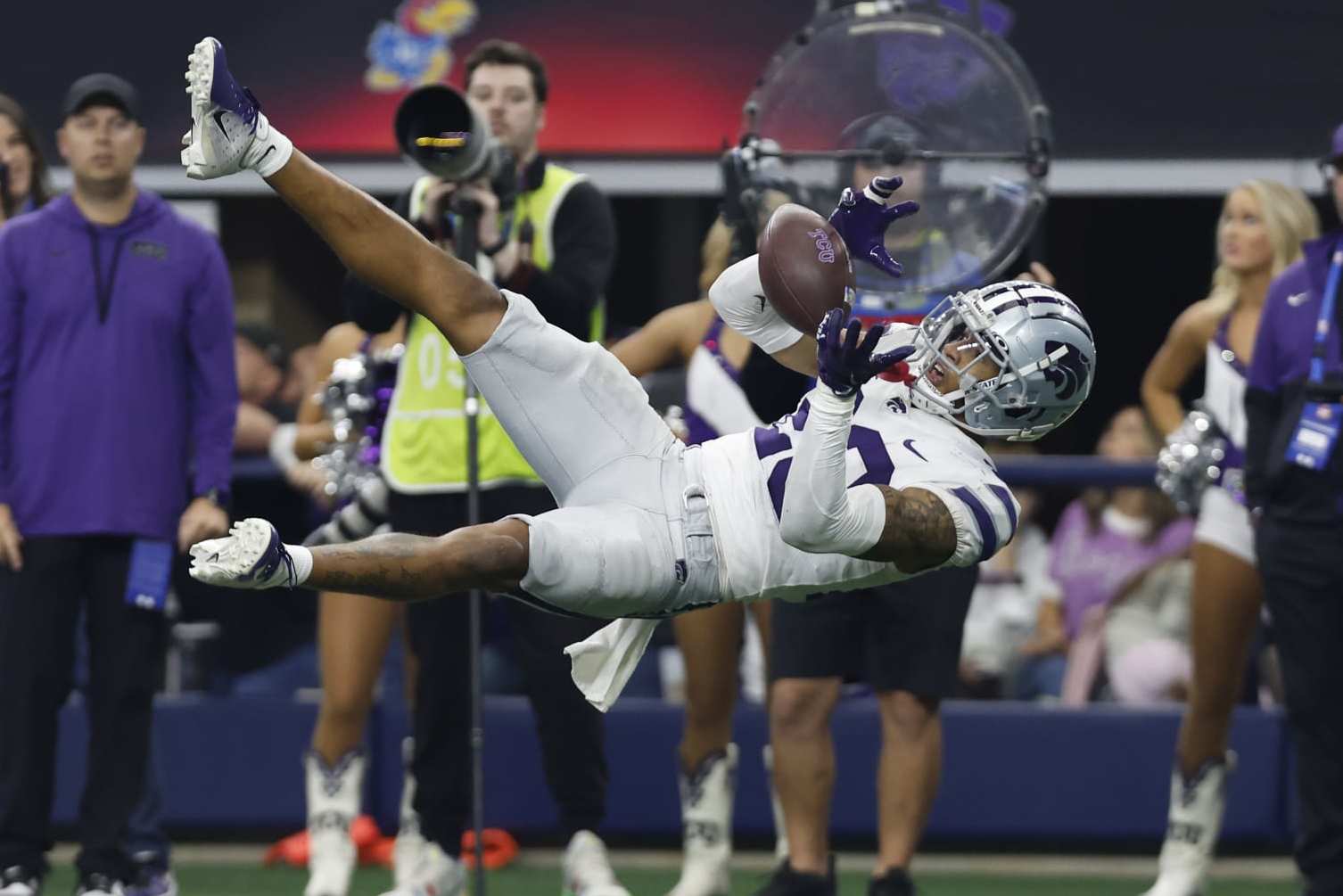 ARLINGTON, TEXAS - DECEMBER 03: Cornerback Julius Brents #23 of the Kansas State Wildcats cannot make an interception against the TCU Horned Frogs in the second half of the Big 12 Championship game at AT&T Stadium on December 03, 2022 in Arlington, Texas. (Photo by Tim Heitman/Getty Images)