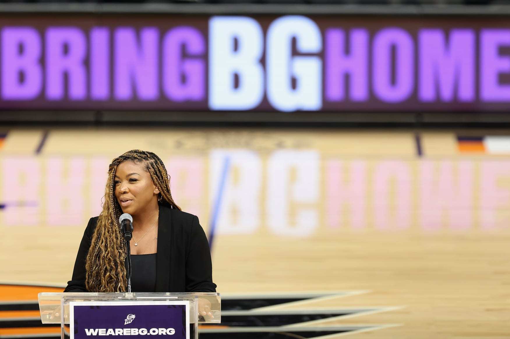 PHOENIX, ARIZONA - JULY 06: Cherelle Griner, the wife of Brittney Griner, speaks during a rally to support the release of detained American professional athlete Britney Griner at Footprint Center on July 06, 2022 in Phoenix, Arizona. WNBA star and Phoenix Mercury athlete Brittney Griner was detained on February 17 at a Moscow-area airport after cannabis oil was allegedly found in her luggage. (Photo by Christian Petersen/Getty Images)