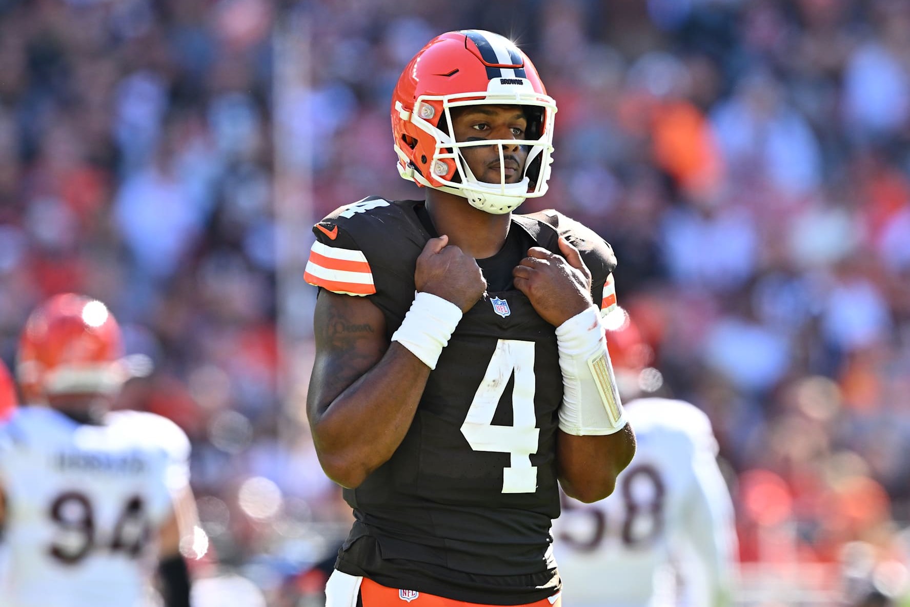 CLEVELAND, OHIO - OCTOBER 20: Deshaun Watson #4 of the Cleveland Browns looks on during the second quarter of a game against the Cincinnati Bengals at Huntington Bank Field on October 20, 2024 in Cleveland, Ohio. (Photo by Jason Miller/Getty Images)