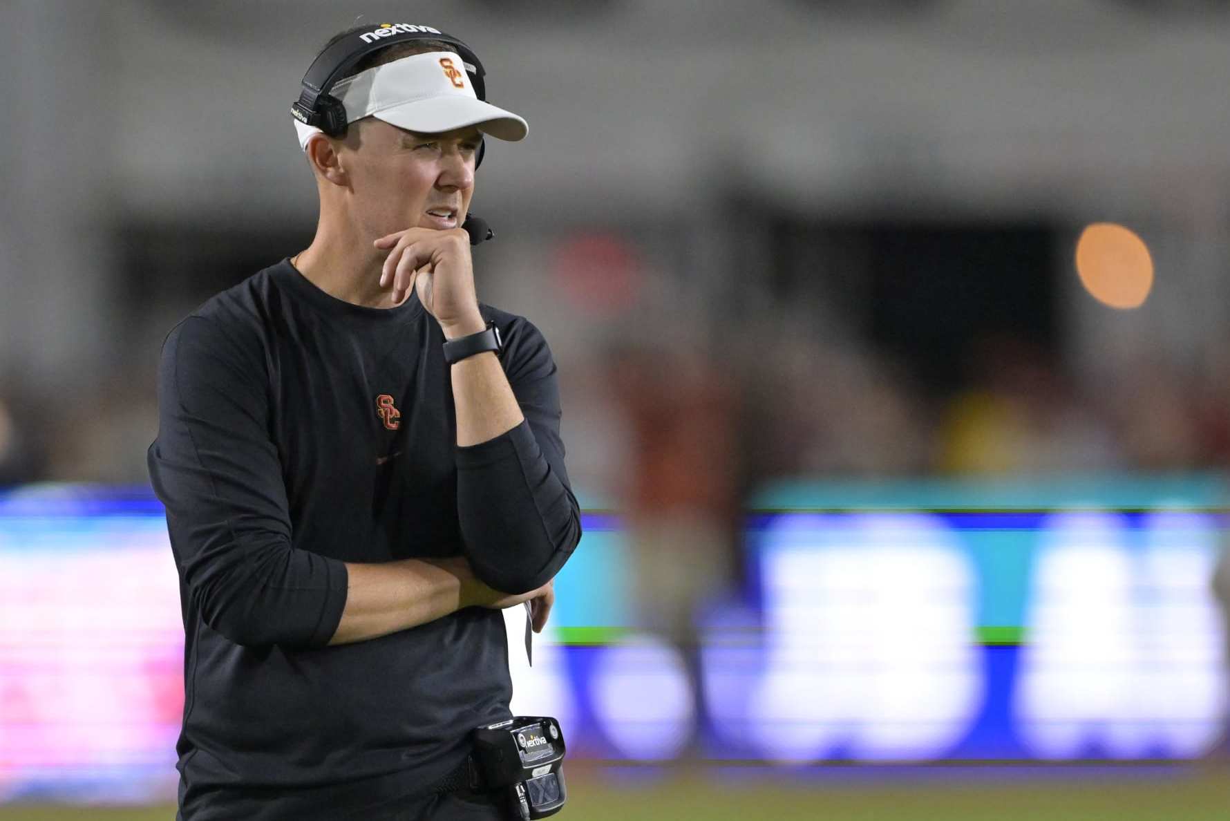 LOS ANGELES, CALIFORNIA - SEPTEMBER 9: Head coach Lincoln Riley of the USC Trojans looks on during the game against the Stanford Cardinal at United Airlines Field at the Los Angeles Memorial Coliseum on September 9, 2023 in Los Angeles, California. (Photo by Jayne Kamin-Oncea/Getty Images)