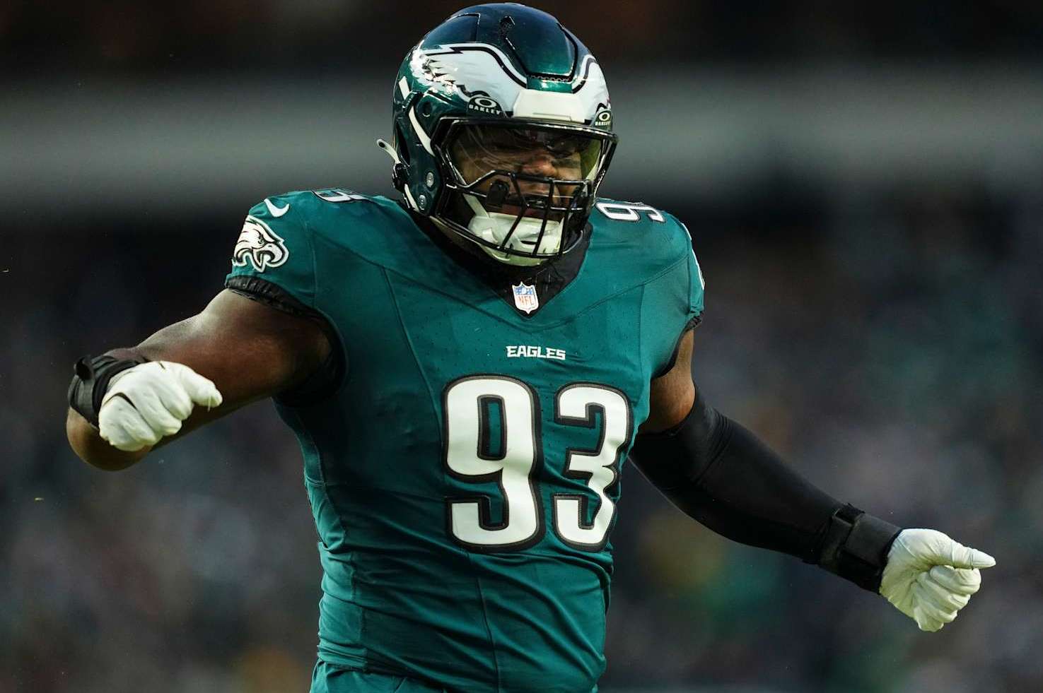 PHILADELPHIA, PA - JANUARY 12: Milton Williams #93 of the Philadelphia Eagles celebrates during an NFL football wild card playoff game against the Green Bay Packers at Lincoln Financial Field on January 12, 2025 in Philadelphia, Pennsylvania. (Photo by Cooper Neill/Getty Images)