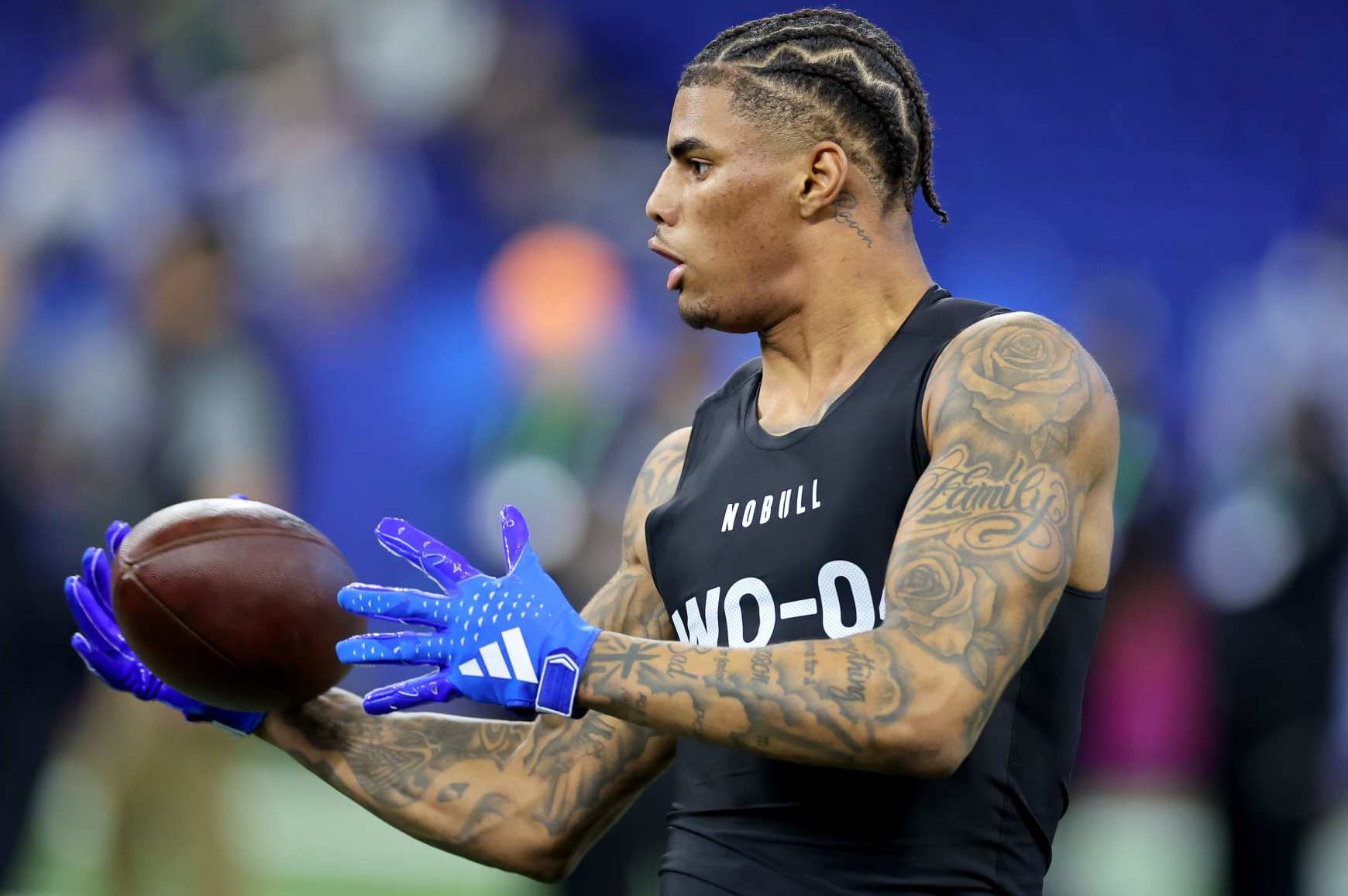 INDIANAPOLIS, INDIANA - MARCH 02: Keon Coleman #WO04 of Florida State participates in a drill during the NFL Combine at Lucas Oil Stadium on March 02, 2024 in Indianapolis, Indiana. (Photo by Stacy Revere/Getty Images)