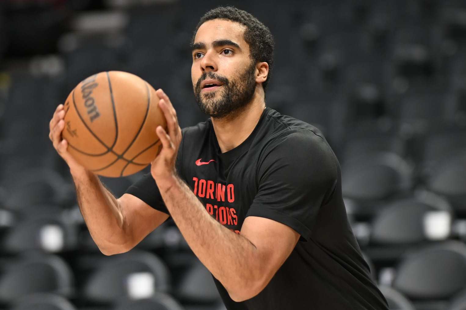 PORTLAND, OREGON - MARCH 09: Jontay Porter #34 of the Toronto Raptors warms up before the game against the Portland Trail Blazers at the Moda Center on March 09, 2024 in Portland, Oregon. NOTE TO USER: User expressly acknowledges and agrees that, by downloading and or using this photograph, User is consenting to the terms and conditions of the Getty Images License Agreement. (Photo by Alika Jenner/Getty Images)