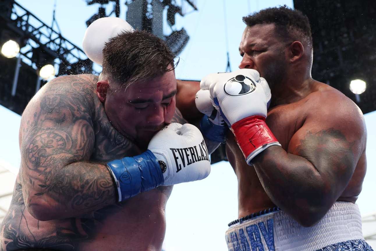 LOS ANGELES, CALIFORNIA - AUGUST 3: Andy Ruiz jr ( black with white shorts) and Jarrell Miller (Blue with whites shorts) during their Heavyweight Contest at BMO Stadium on August 3, 2024 in Los Angeles, California. (Photo by Mark Robinson/Matchroom Boxing/Getty Images)
