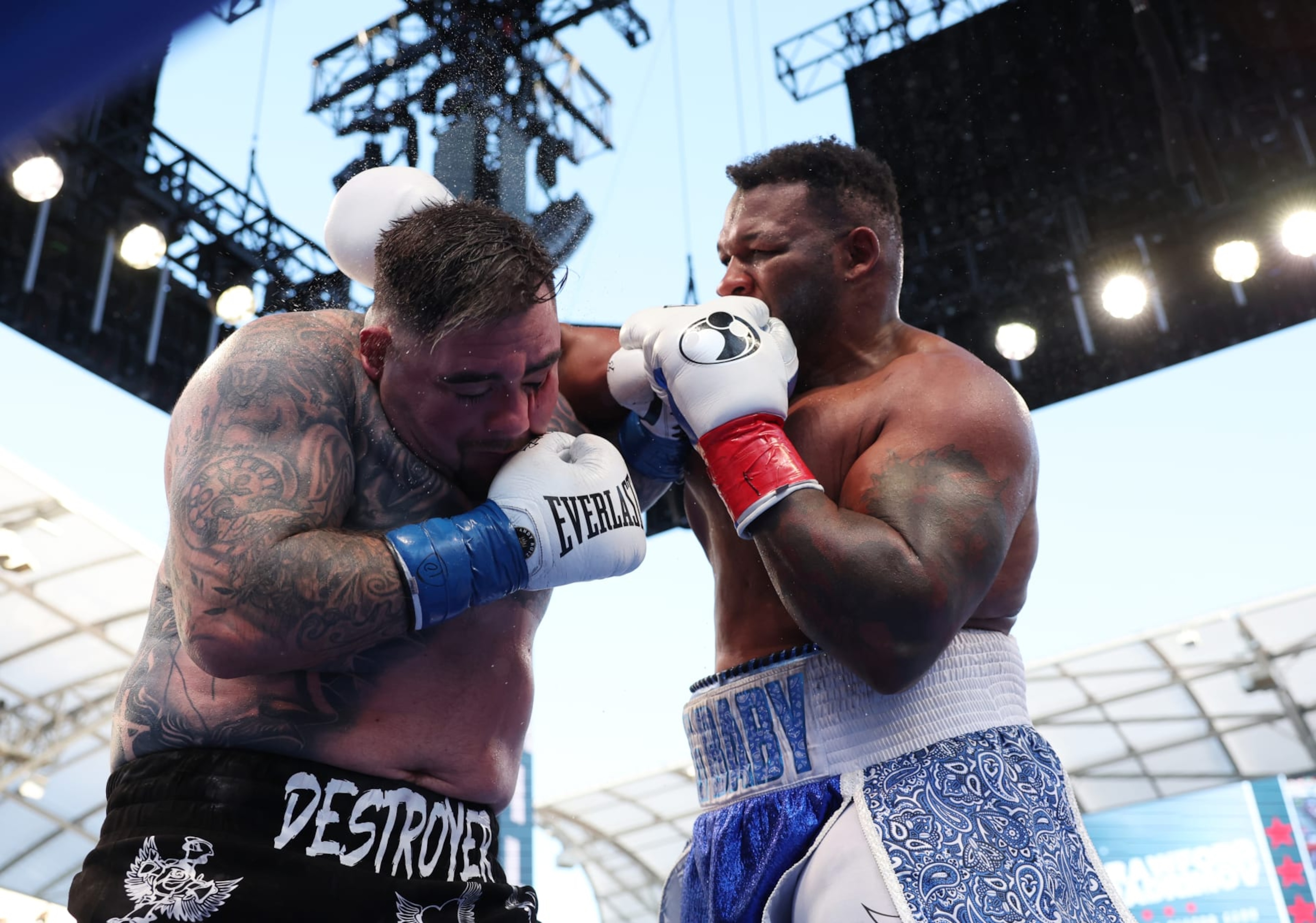 LOS ANGELES, CALIFORNIA - AUGUST 3: Andy Ruiz jr ( black with white shorts) and Jarrell Miller (Blue with whites shorts) during their Heavyweight Contest at BMO Stadium on August 3, 2024 in Los Angeles, California.  (Photo by Mark Robinson/Matchroom Boxing/Getty Images)