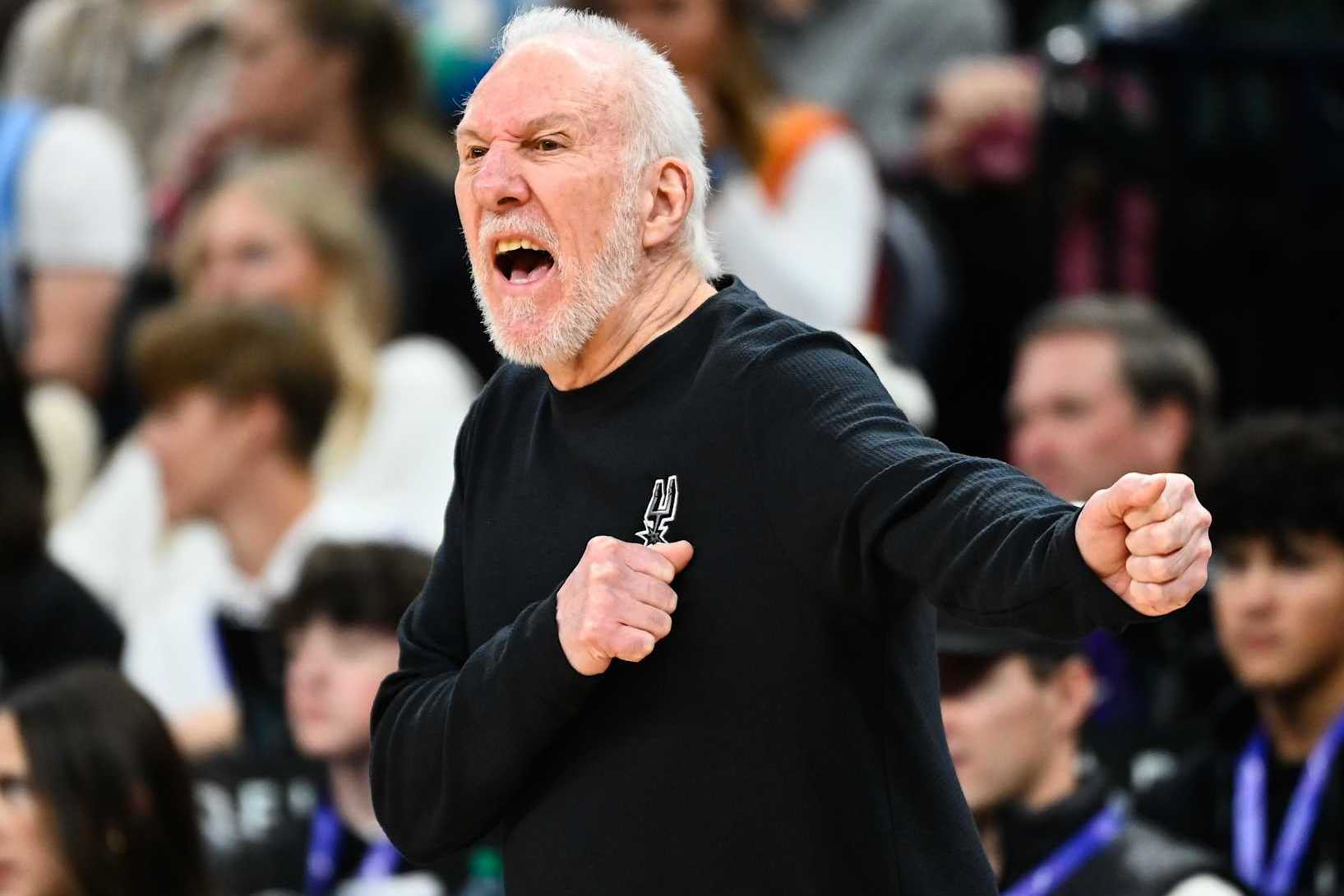 SALT LAKE CITY, UTAH - OCTOBER 31: Head coach Gregg Popovich of the San Antonio Spurs yells to his team during the second half of a game against the Utah Jazz at Delta Center on October 31, 2024 in Salt Lake City, Utah. NOTE TO USER: User expressly acknowledges and agrees that, by downloading and or using this photograph, User is consenting to the terms and conditions of the Getty Images License Agreement. (Photo by Alex Goodlett/Getty Images)