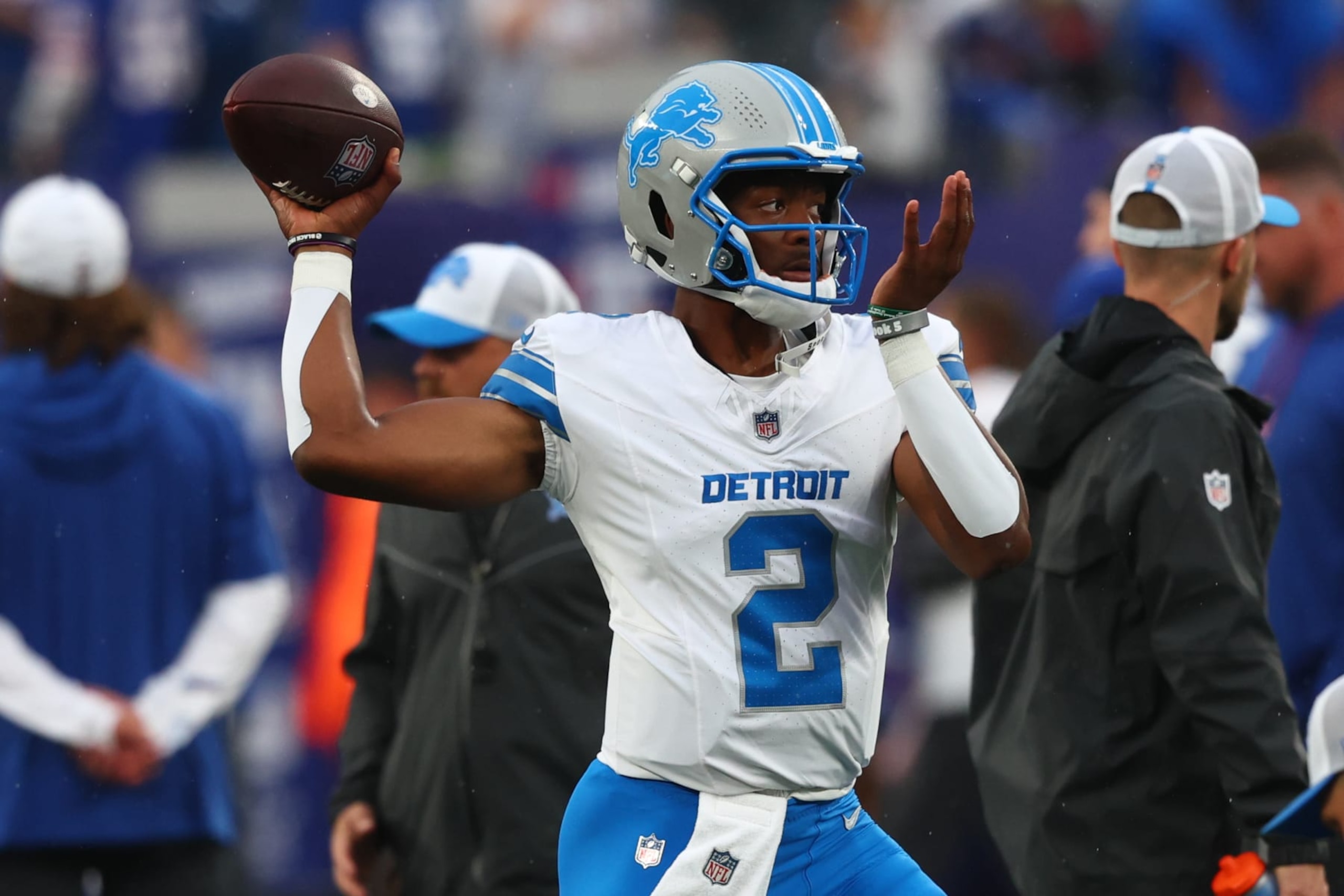 EAST RUTHERFORD, NEW JERSEY - AUGUST 8: Hendon Hooker #2 of the Detroit Lions throws a pass during warmups for their preseason game against the New York Giants at MetLife Stadium on August 8, 2024 in East Rutherford, New Jersey. (Photo by Ed Mulholland/Getty Images)