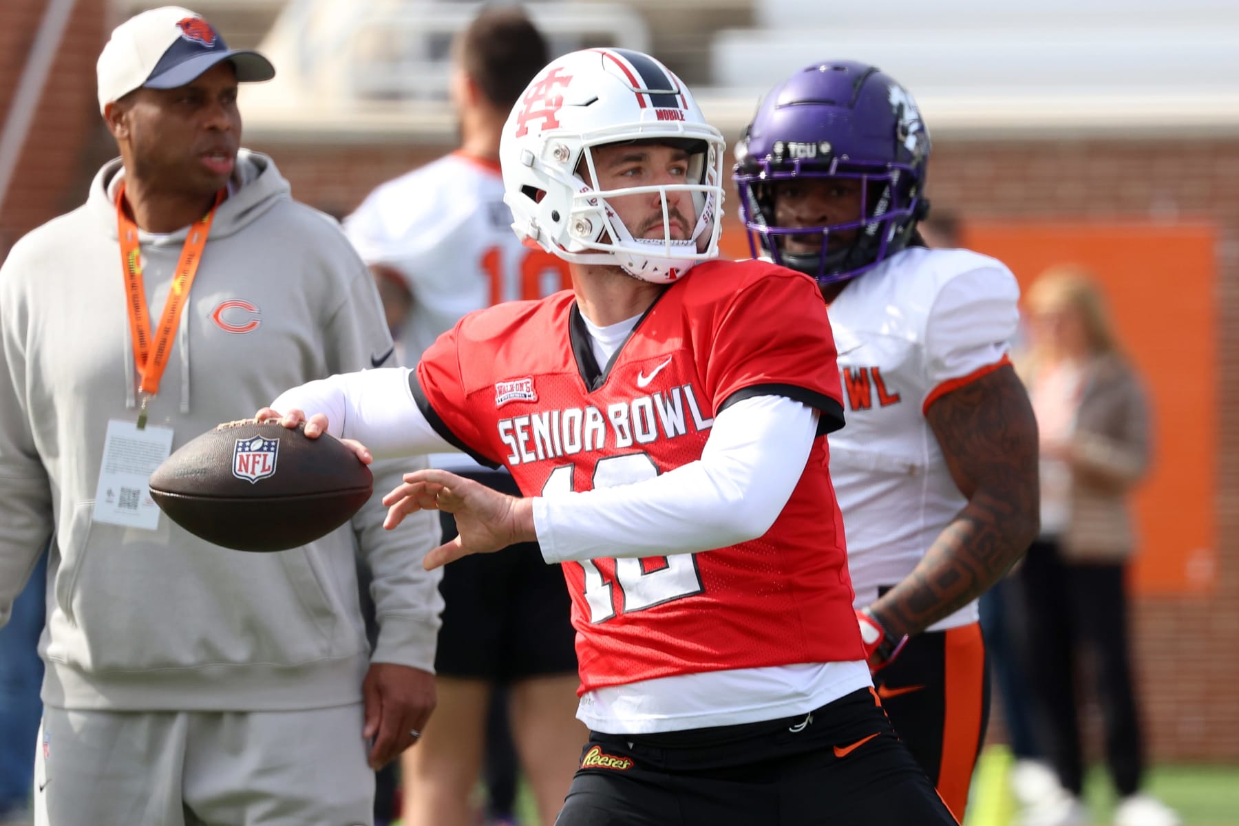 MOBILE, AL - FEBRUARY 01: American quarterback Carter Bradley of South Alabama (12) during the American team practice for the Reese's Senior Bowl on February 31, 2024 at Hancock Whitney Stadium in Mobile, Alabama. (Photo by Michael Wade/Icon Sportswire via Getty Images)