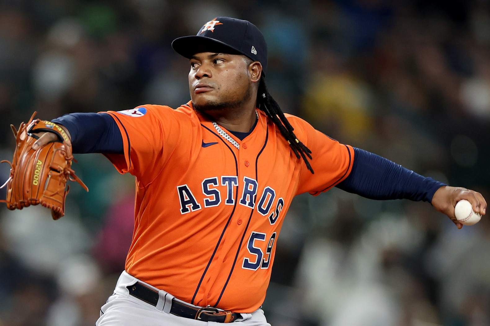 SEATTLE, WASHINGTON - SEPTEMBER 27: Framber Valdez #59 of the Houston Astros pitches during the first inning against the Seattle Mariners at T-Mobile Park on September 27, 2023 in Seattle, Washington. (Photo by Steph Chambers/Getty Images)