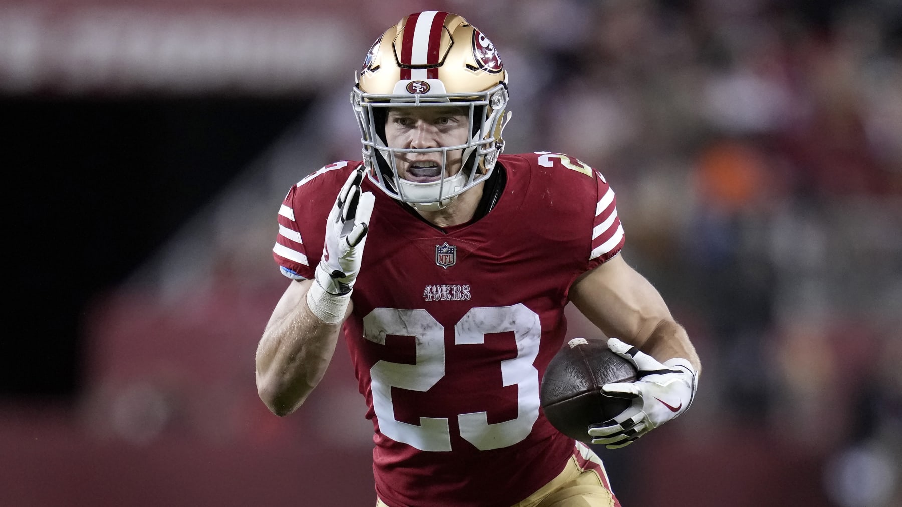 San Francisco 49ers running back Christian McCaffrey (23) during an NFL football game against the Los Angeles Chargers in Santa Clara, Calif., Sunday, Nov. 13, 2022. (AP Photo/Godofredo A. Vásquez)