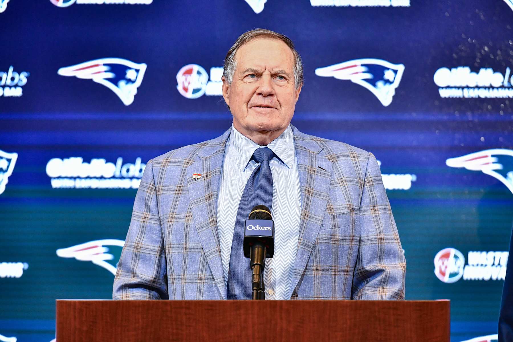 New England Patriots head coach Bill Belichick announces he is leaving the team during a press conference at Gillette Stadium in Foxborough, Massachusetts, on January 11, 2024. Belichick, the NFL mastermind who has guided the New England Patriots to a record six Super Bowl titles as head coach, is parting ways with the team after 24 seasons. (Photo by Joseph Prezioso / AFP) (Photo by JOSEPH PREZIOSO/AFP via Getty Images)
