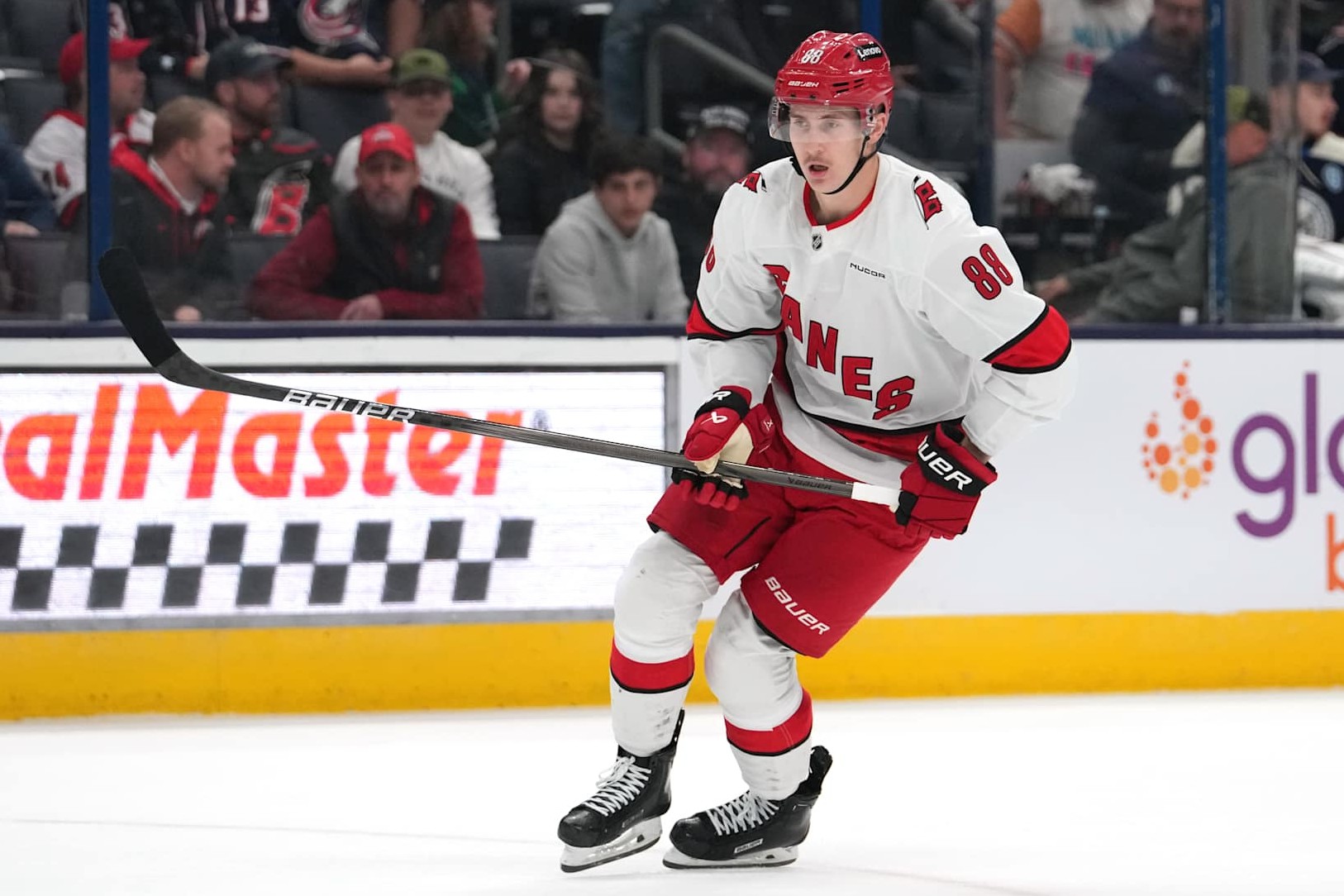 COLUMBUS, OHIO - NOVEMBER 23: Martin Necas #88 of the Carolina Hurricanes seen in action during the game against the Columbus Blue Jackets at Nationwide Arena on November 23, 2024 in Columbus, Ohio. (Photo by Jason Mowry/Getty Images)