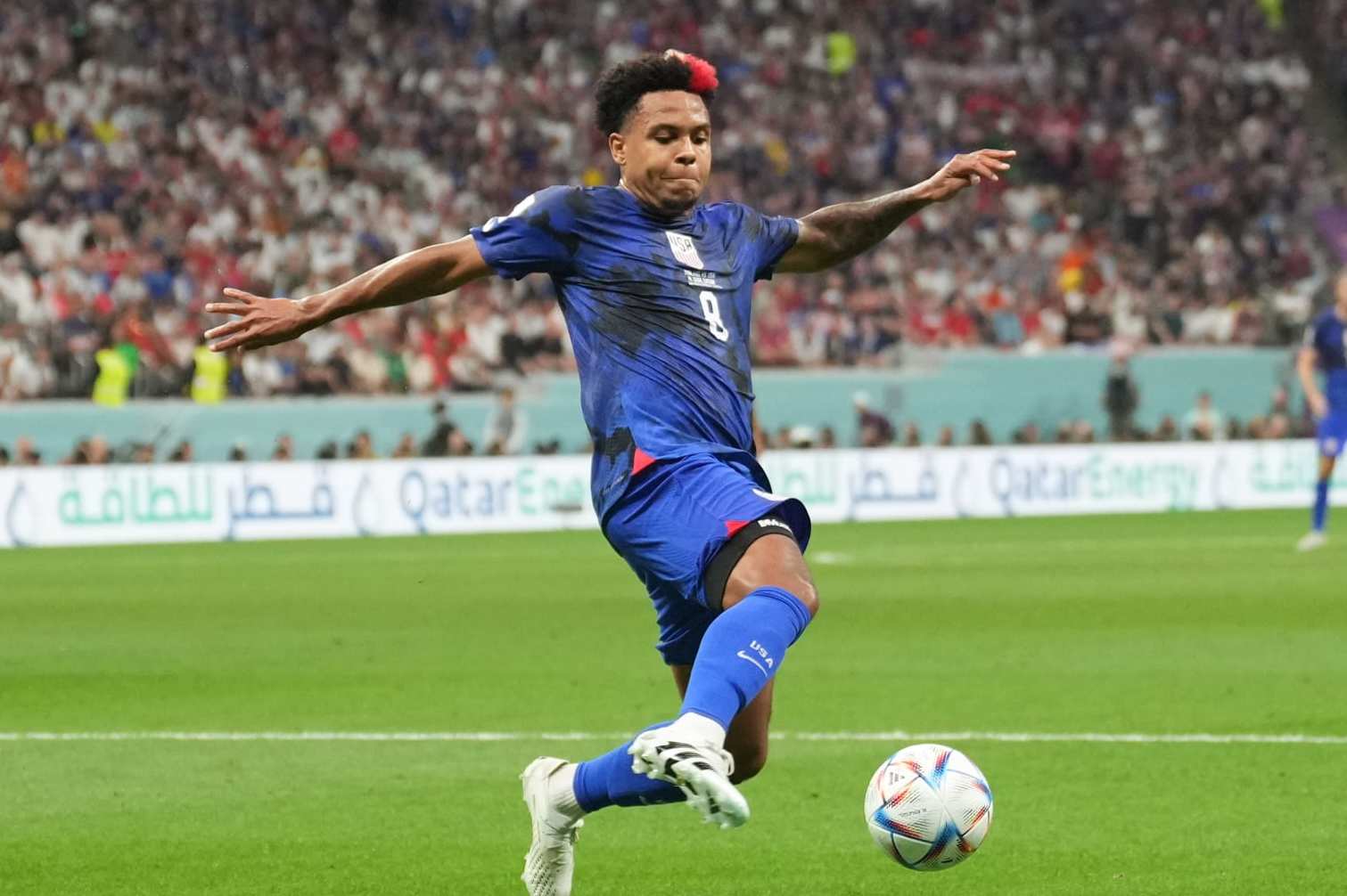 AL KHOR, QATAR - NOVEMBER 25: Weston McKennie #8 of the United States plays the ball during a FIFA World Cup Qatar 2022 Group B match between England and USMNT at Al Bayt Stadium on November 25, 2022 in Al Khor, Qatar. (Photo by Brad Smith/ISI Photos/Getty Images)