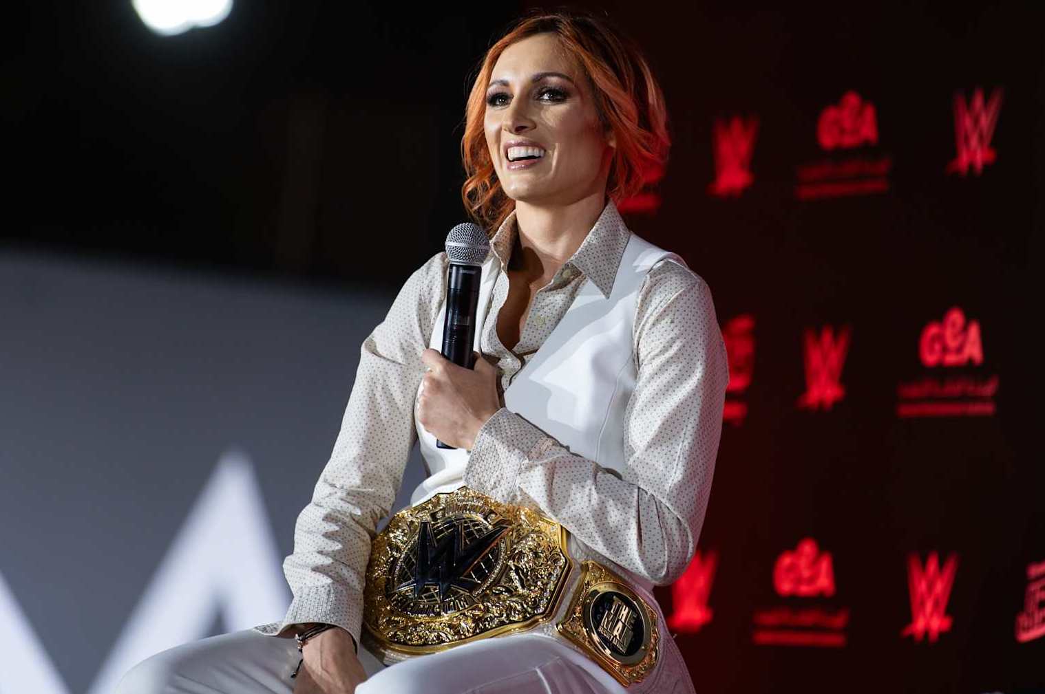 RIYADH, SAUDI ARABIA - MAY 23: Becky Lynch speaks during King and Queen of the Ring Press Event at the WWE Experience on May 23, 2024 in Riyadh, Saudi Arabia.  (Photo by WWE/Getty Images)