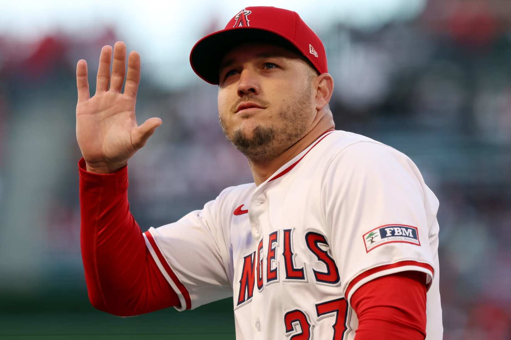 ANAHEIM, CA - APRIL 05:  Mike Trout #27 of the Los Angeles Angels looks on prior to the game between the Boston Red Sox and the Los Angeles Angels at Angel Stadium of Anaheim on Friday, April 5, 2024 in Anaheim, California. (Photo by Meg Oliphant/MLB Photos via Getty Images)
