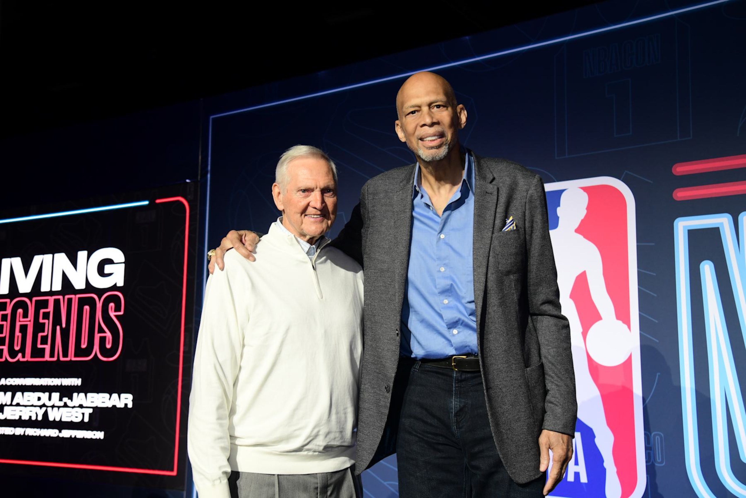 LAS VEGAS, NV - JULY 9: Kareem Abdul-Jabbar and Jerry West pose for a photo during the 2023 Las Vegas Summer League NBA Con on July 9, 2023 at the Mandalay Bay Convention Center in Las Vegas, Nevada. NOTE TO USER: User expressly acknowledges and agrees that, by downloading and/or using this Photograph, user is consenting to the terms and conditions of the Getty Images License Agreement. Mandatory Copyright Notice: Copyright 2022 NBAE (Photo by Tom O'Connor/NBAE via Getty Images)