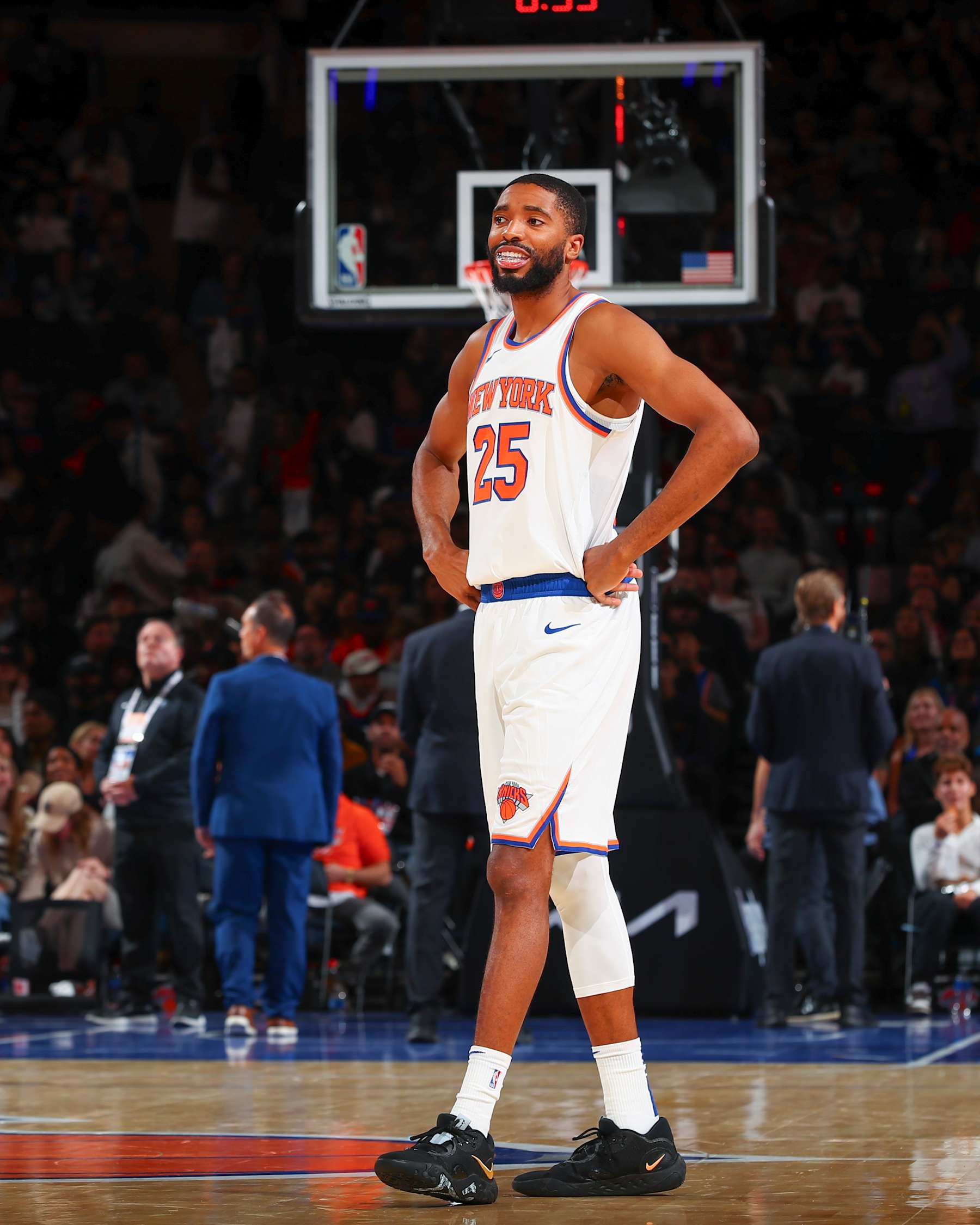 NEW YORK, NY - OCTOBER 13: Mikal Bridges #25 of the New York Knicks looks on during the game on October 13, 2024 at Madison Square Garden in New York City, New York.  NOTE TO USER: User expressly acknowledges and agrees that, by downloading and or using this photograph, User is consenting to the terms and conditions of the Getty Images License Agreement. Mandatory Copyright Notice: Copyright 2024 NBAE  (Photo by David L. Nemec/NBAE via Getty Images)