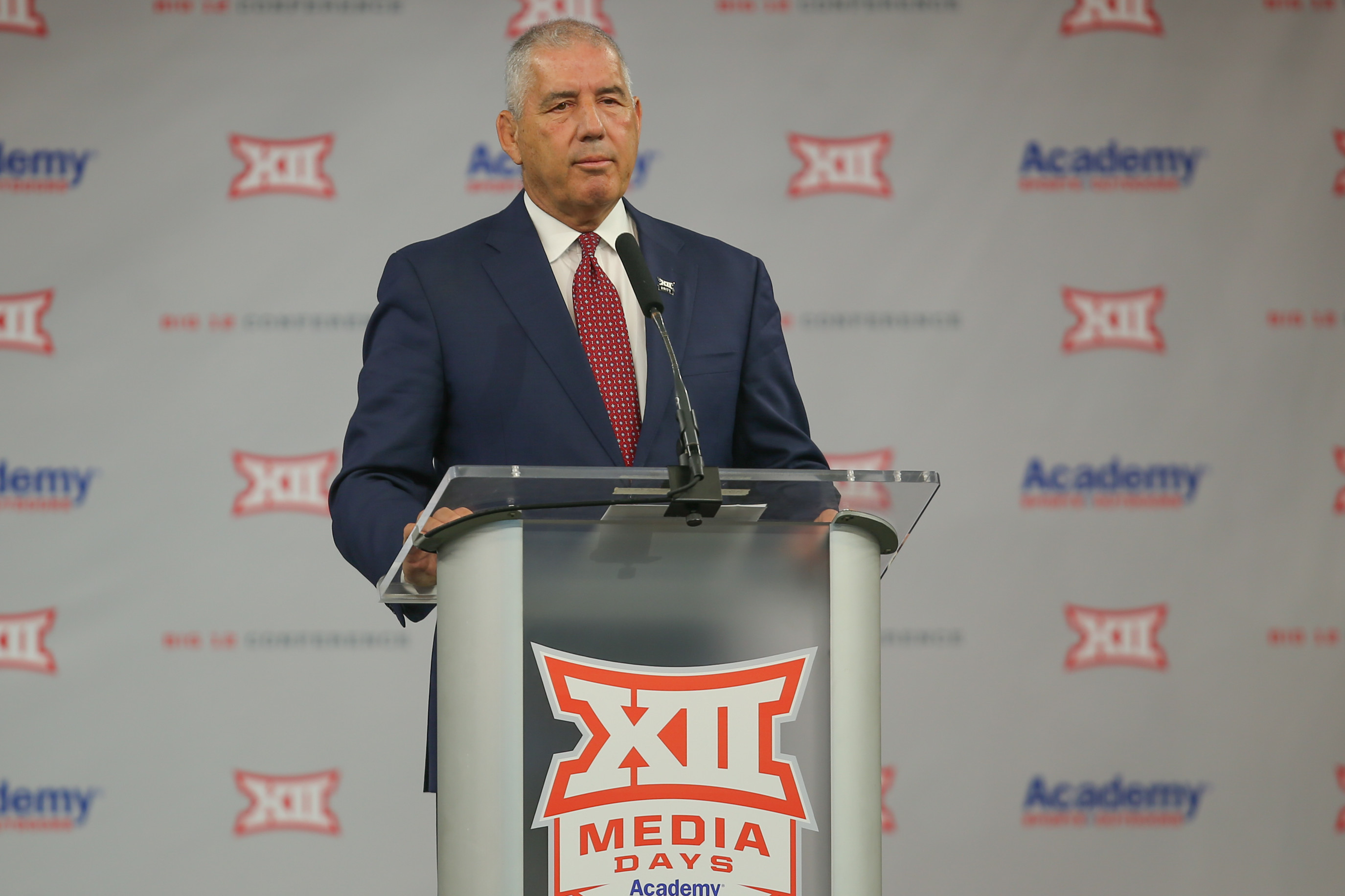 ARLINGTON, TX - JULY 14: Big 12 Commissioner Bob Bowlsby speaks to the press during the Big 12 Conference football media days on July 14, 2021 at AT&T Stadium in Arlington, TX. (Photo by George Walker/Icon Sportswire via Getty Images) ARLINGTON, TX - JULY 14: Big 12 Commissioner Bob Bowlsby speaks to the press during the Big 12 Conference football media days on July 14, 2021 at AT&T Stadium in Arlington, TX. (Photo by George Walker/Icon Sportswire via Getty Images)