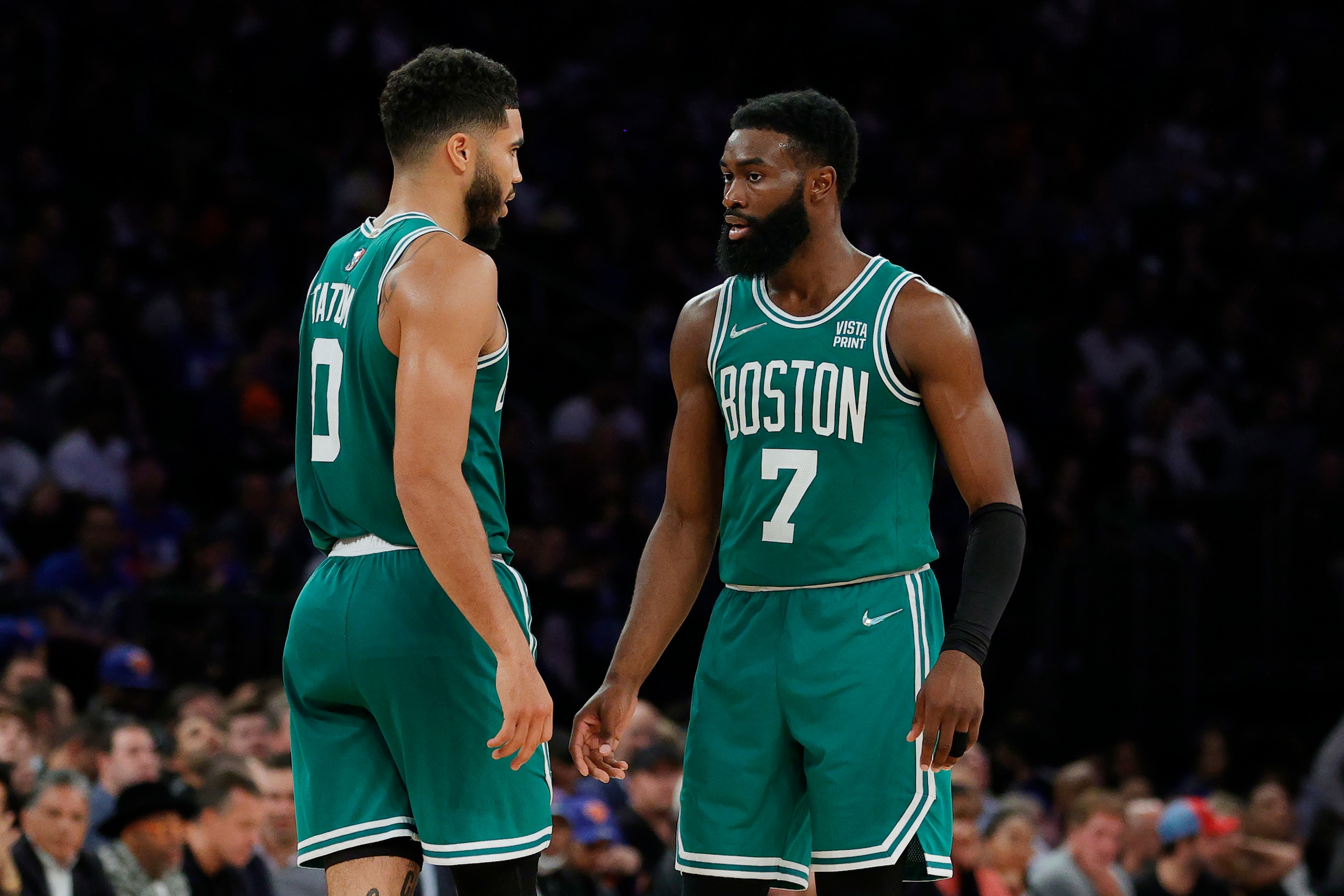 NEW YORK, NEW YORK - OCTOBER 20: Jaylen Brown #7 talks with Jayson Tatum #0 of the Boston Celtics during the second half against the New York Knicks at Madison Square Garden on October 20, 2021 in New York City. The Knicks won 138-134. NOTE TO USER: User expressly acknowledges and agrees that, by downloading and or using this photograph, User is consenting to the terms and conditions of the Getty Images License Agreement. (Photo by Sarah Stier/Getty Images) NEW YORK, NEW YORK - OCTOBER 20: Jaylen Brown #7 talks with Jayson Tatum #0 of the Boston Celtics during the second half against the New York Knicks at Madison Square Garden on October 20, 2021 in New York City. The Knicks won 138-134. NOTE TO USER: User expressly acknowledges and agrees that, by downloading and or using this photograph, User is consenting to the terms and conditions of the Getty Images License Agreement. (Photo by Sarah Stier/Getty Images)