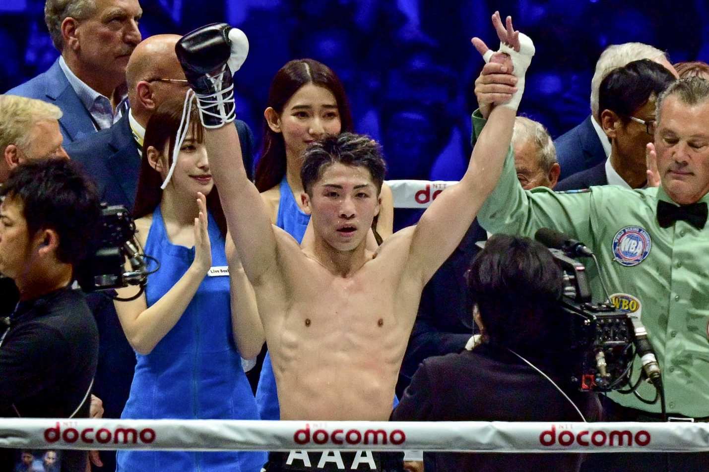 Japan's Naoya Inoue (C) celebrates his victory over Mexico's Luis Nery in their IBF-WBA-WBC-WBO super-bantamweight title boxing match at the Tokyo Dome in Tokyo on May 6, 2024. (Photo by Philip FONG / AFP) (Photo by PHILIP FONG/AFP via Getty Images)