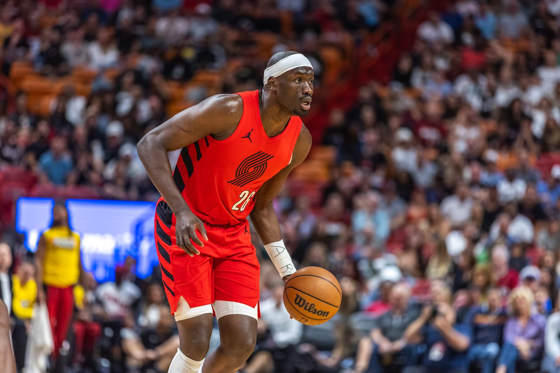 MIAMI, FLORIDA - MARCH 29: Duop Reath #26 of the Portland Trail Blazers drives the ball against the Miami Heat during the first half at the Kaseya Center on March 29, 2024 in Miami, Florida. NOTE TO USER: User expressly acknowledges and agrees that, by downloading and or using this photograph, User is consenting to the terms and conditions of the Getty Images License Agreement.  (Photo by Lauren Sopourn/Getty Images)