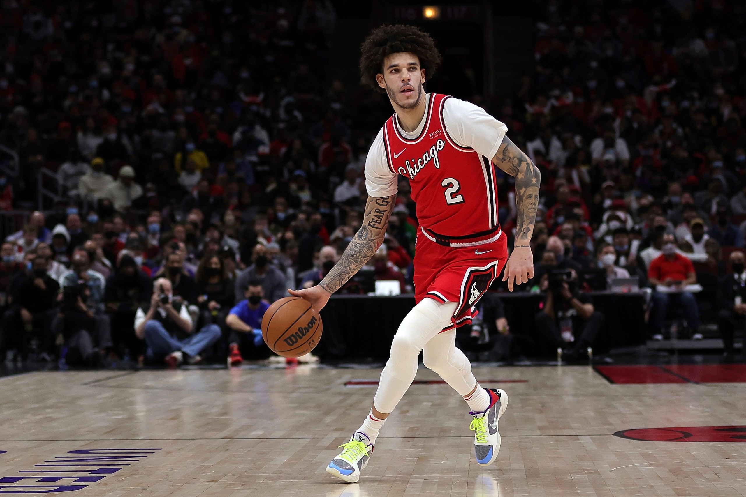 CHICAGO, ILLINOIS - JANUARY 12: Lonzo Ball #2 of the Chicago Bulls walks backcourt during a game against the Brooklyn Nets at United Center on January 12, 2022 in Chicago, Illinois. NOTE TO USER: User expressly acknowledges and agrees that, by downloading and or using this photograph, User is consenting to the terms and conditions of the Getty Images License Agreement. (Photo by Stacy Revere/Getty Images)